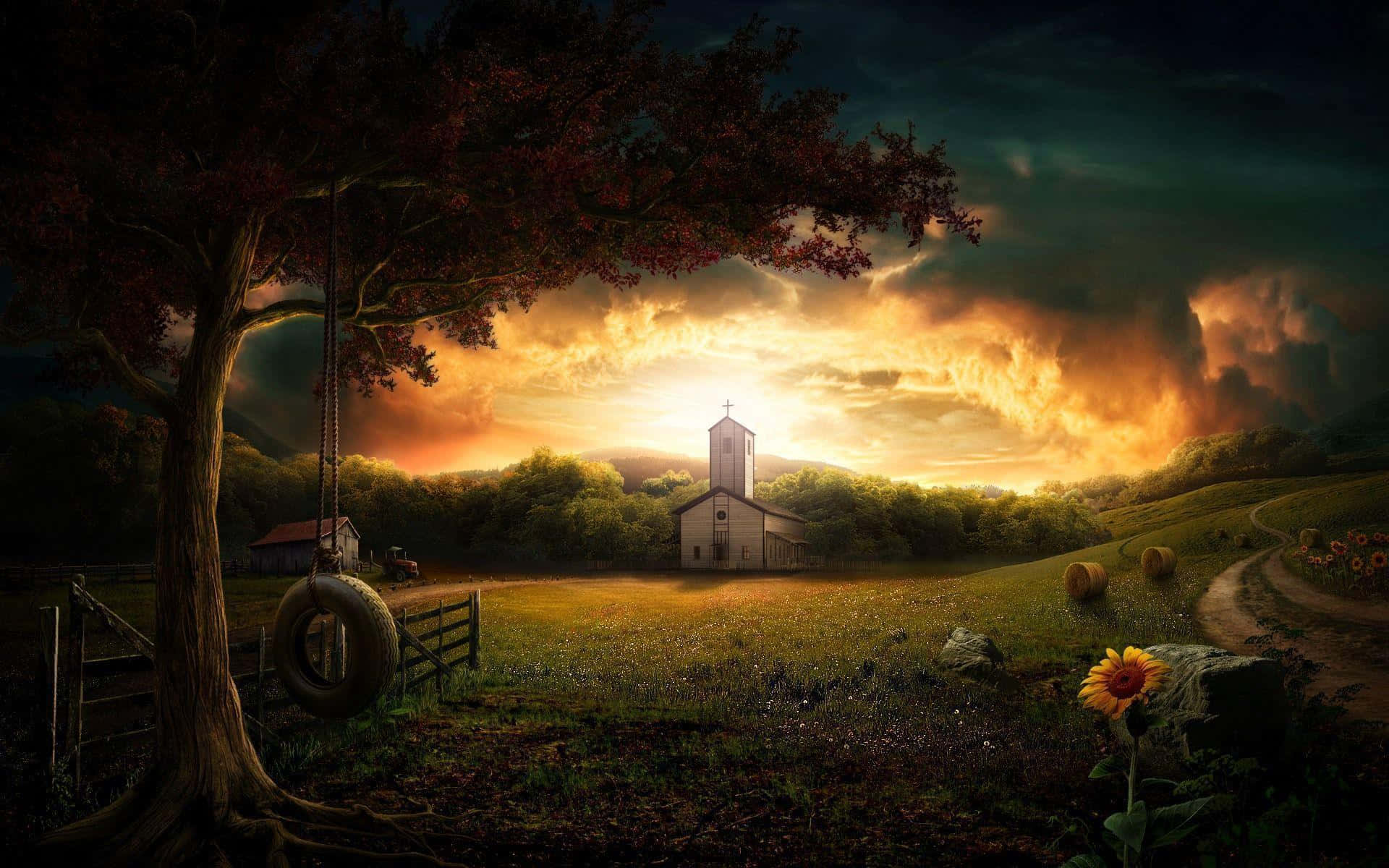 A Painting Of A Field With A Church And Sunflowers Wallpaper