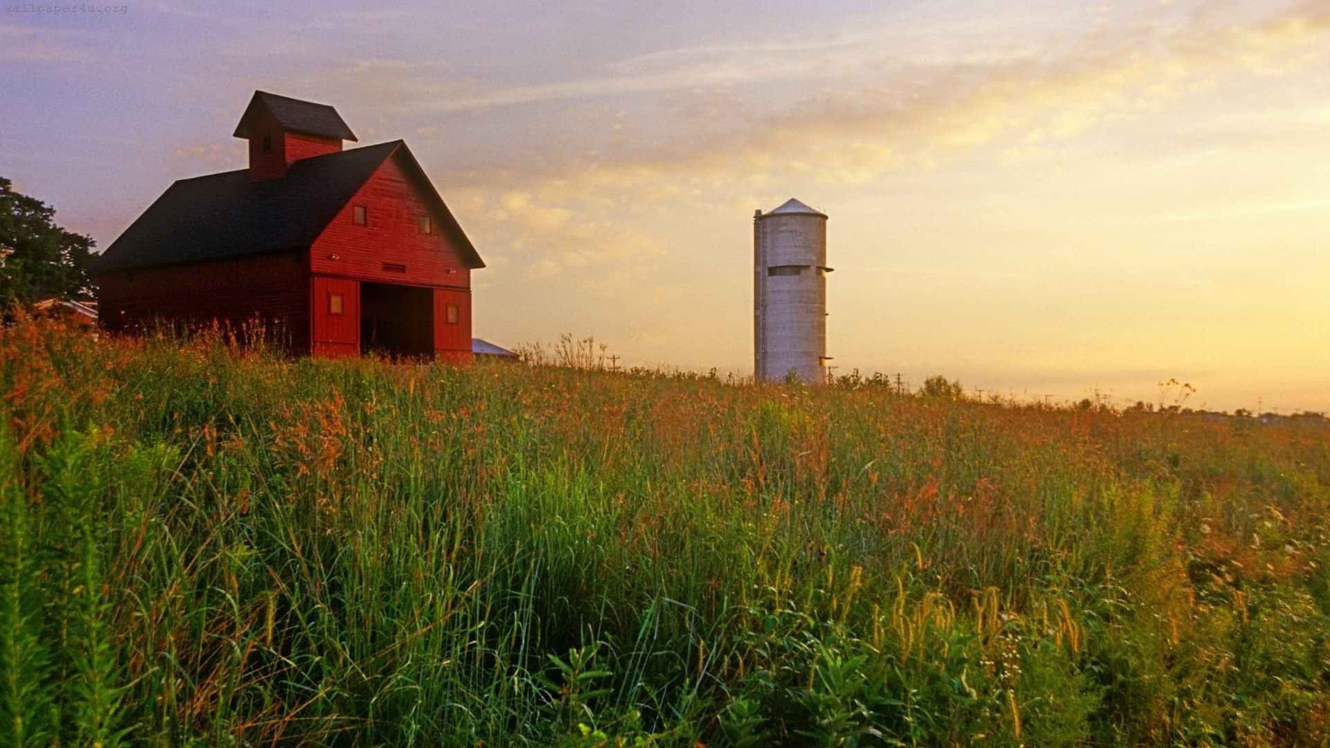 Red Barn With Grass Country Scenes Wallpaper