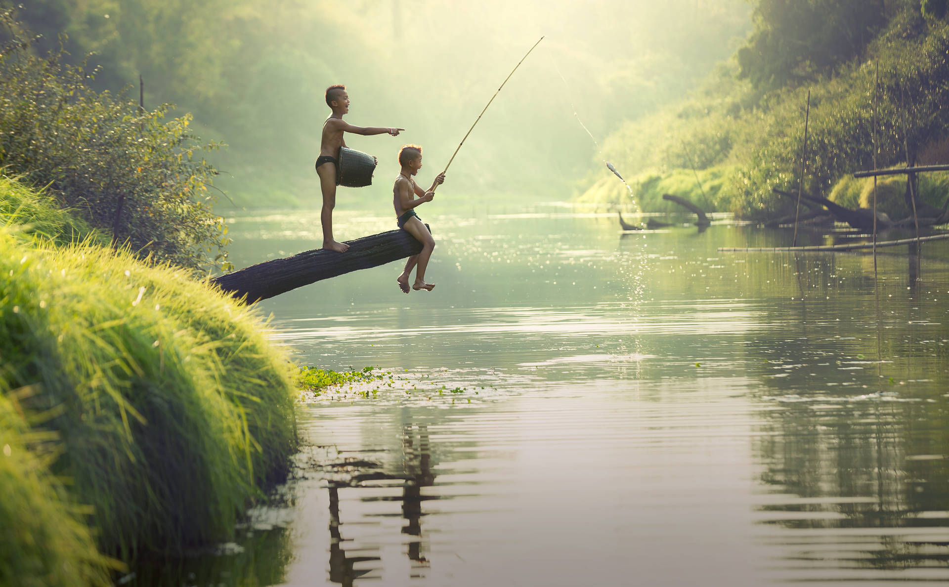 Country Summer Kids Fishing Pointing Wallpaper