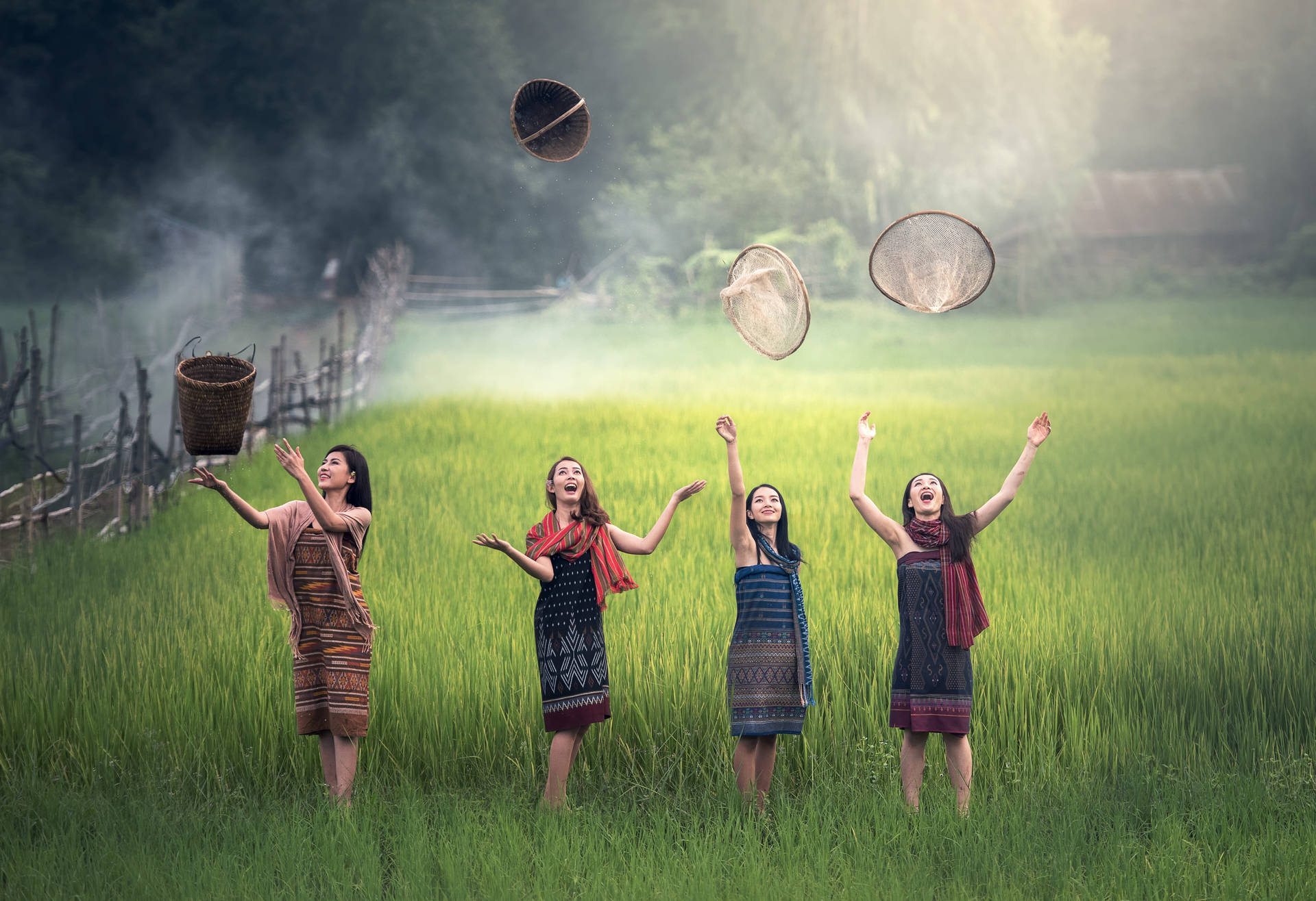 Country Summer Women Throwing Things Wallpaper