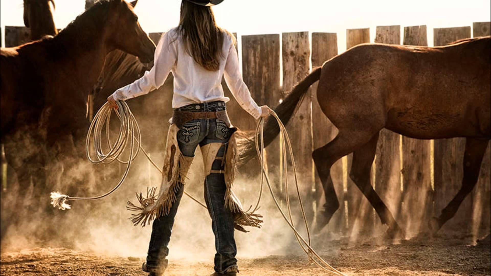 Country Western Cowgirl Two Horses Wallpaper