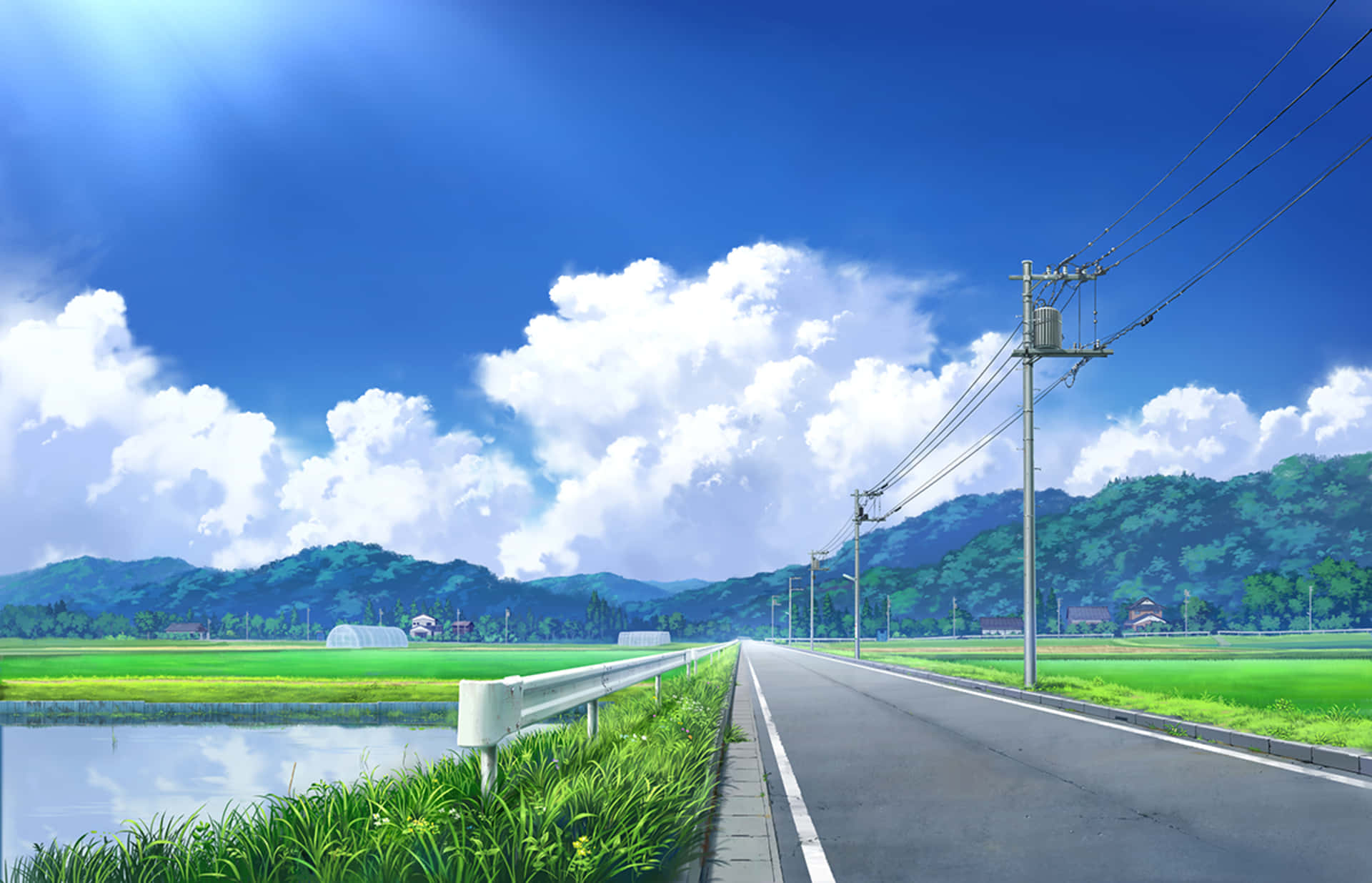 Countryside Road And Lake Anime Art Background