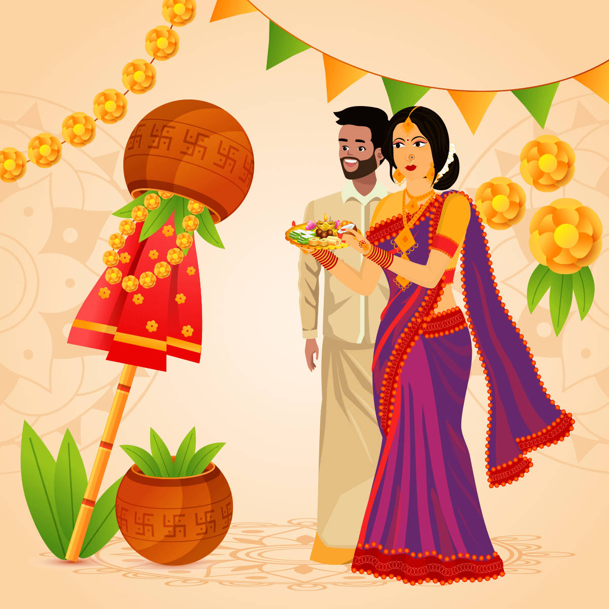 Couple Celebrating Gudi Padwa Art Wallpaper