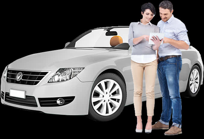 Couple Consulting Tablet Beside Car PNG