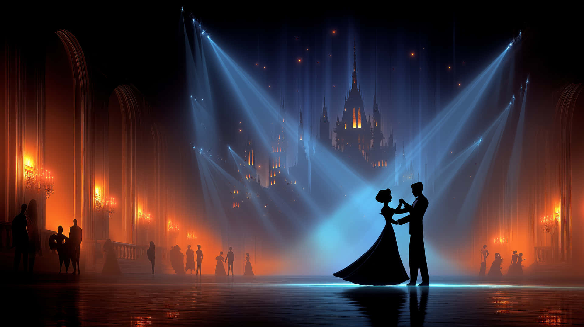 Couple Dancing Under Spotlights In A Grand, Ethereal Hall Wallpaper