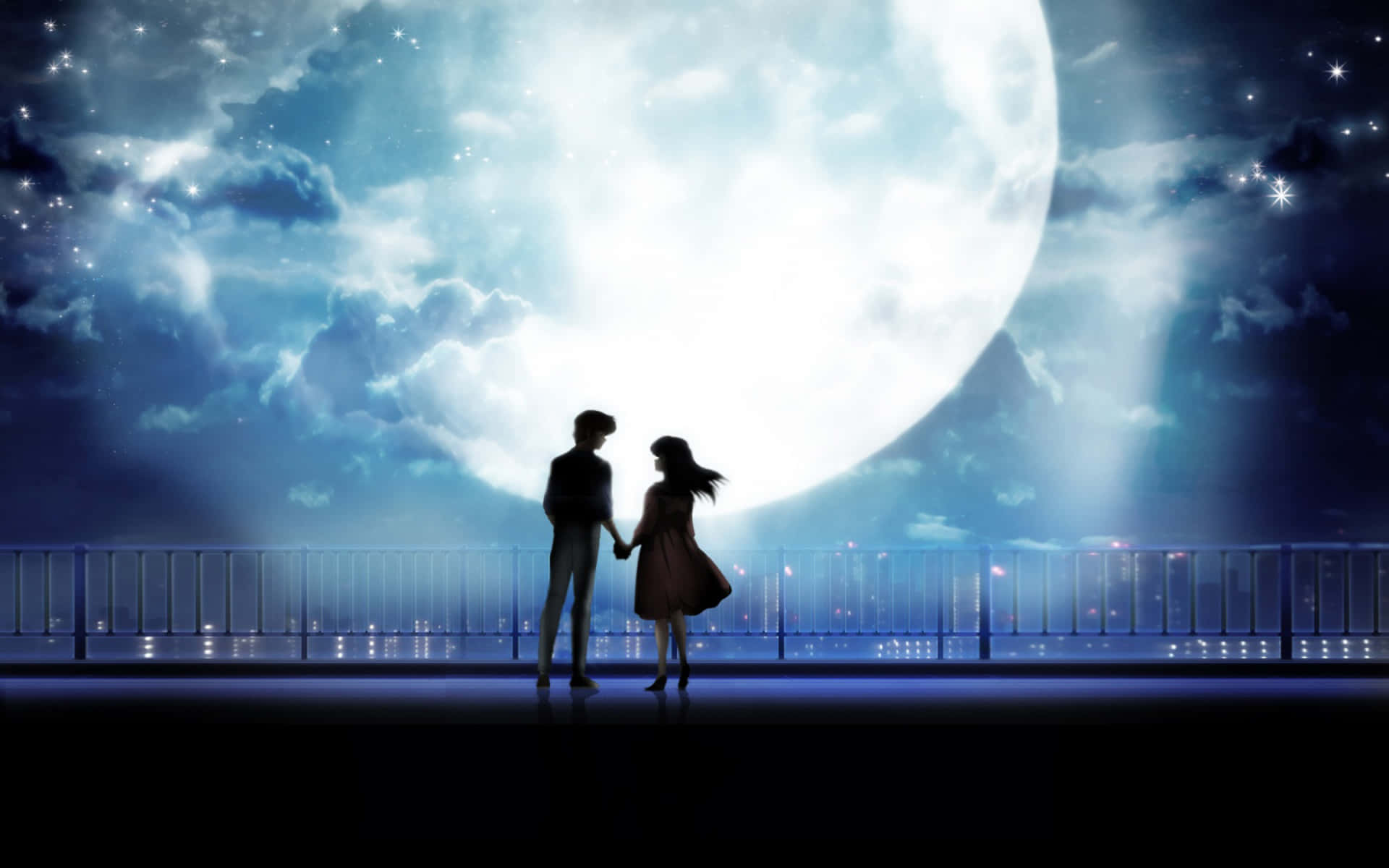 Immaginedi Una Coppia Di Anime Che Si Tiene Per Mano Sotto La Luna.