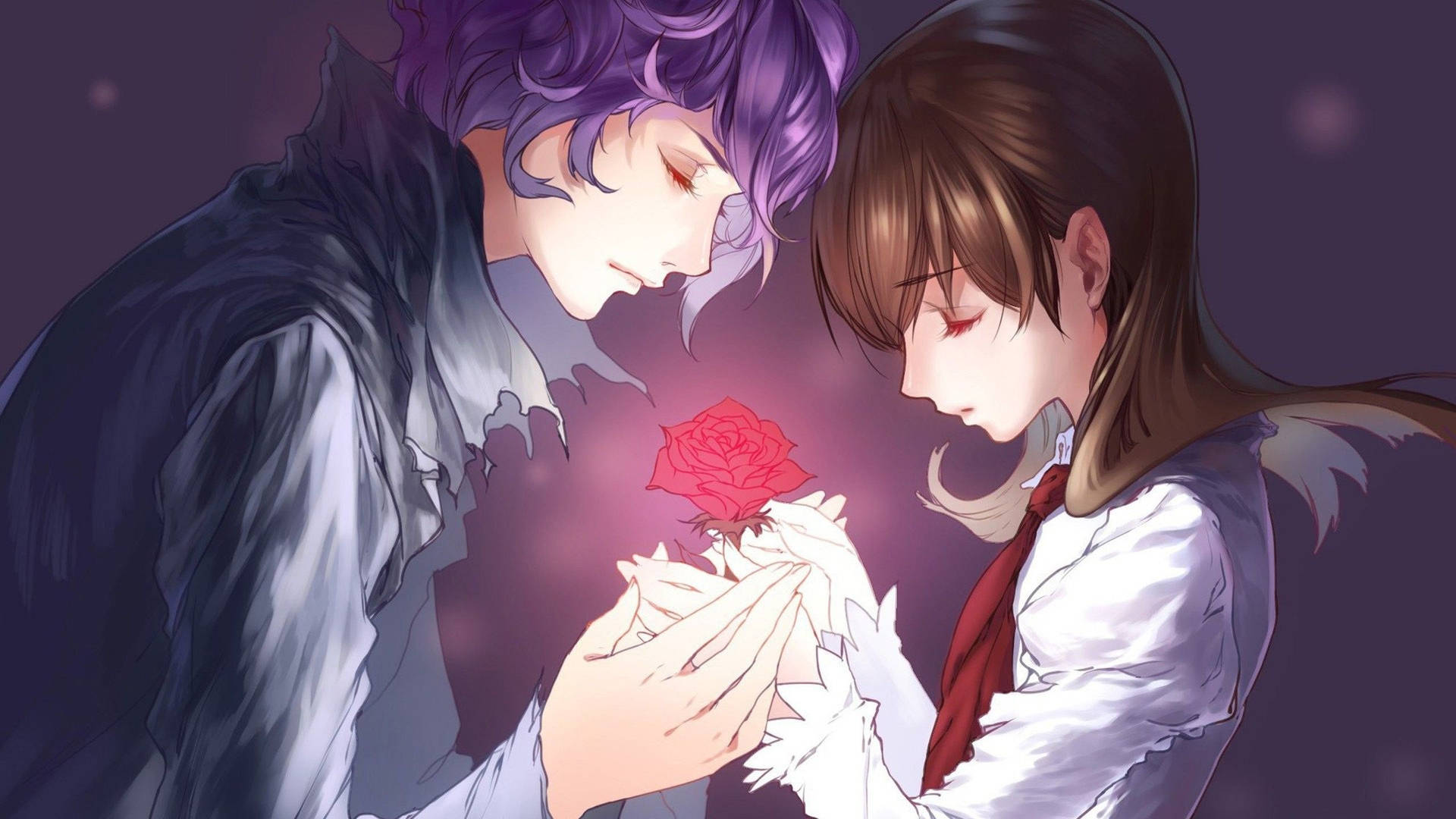 Parejasosteniendo Una Rosa, Amor Anime. Fondo de pantalla
