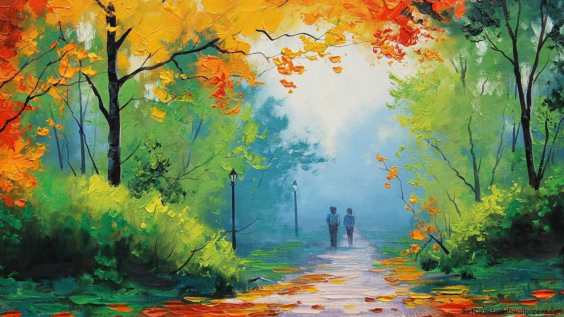 Couple In Forest Paint Art Wallpaper