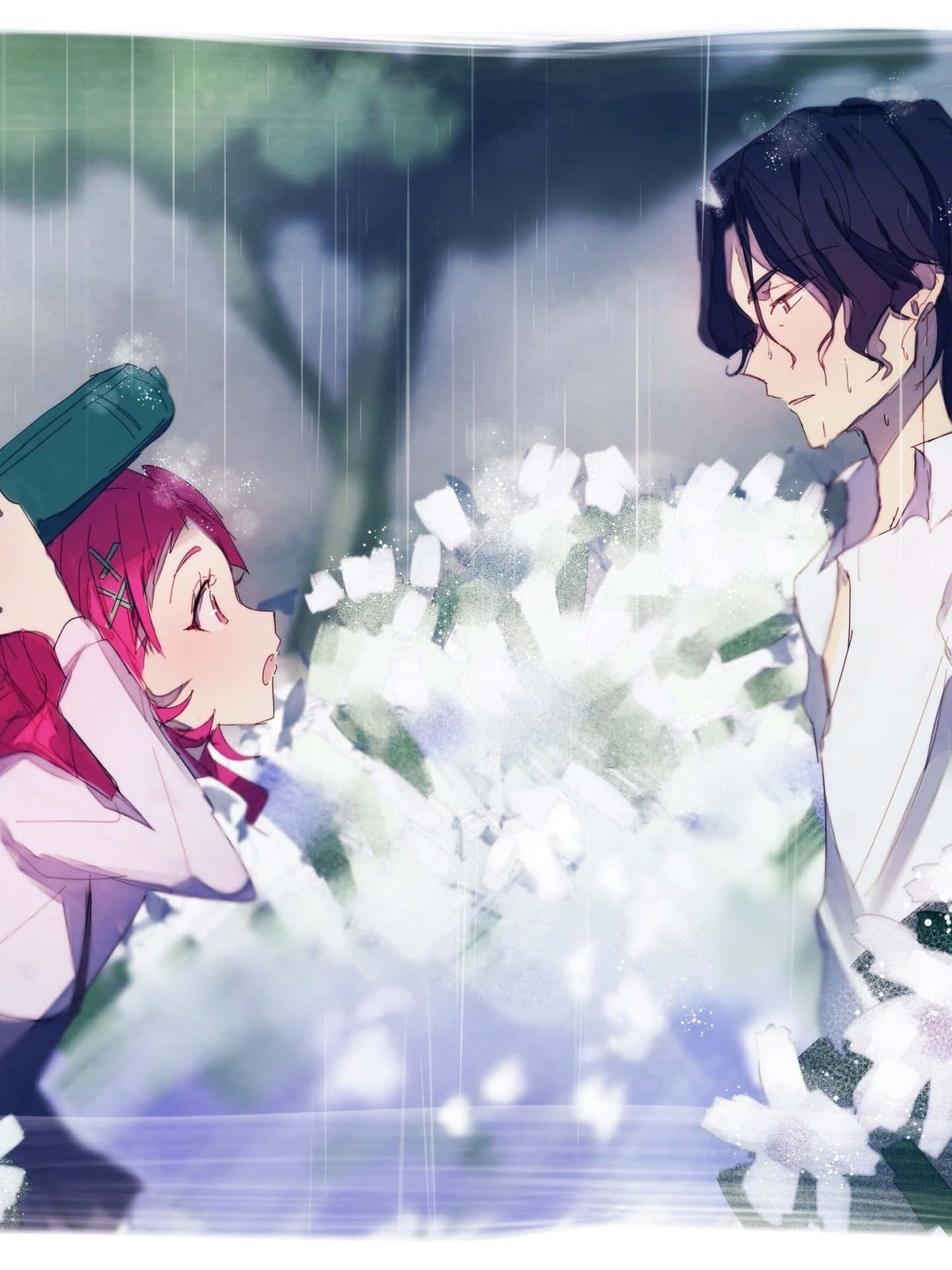 “Two lovers embrace in the rain, feeling the beauty of the moment.”