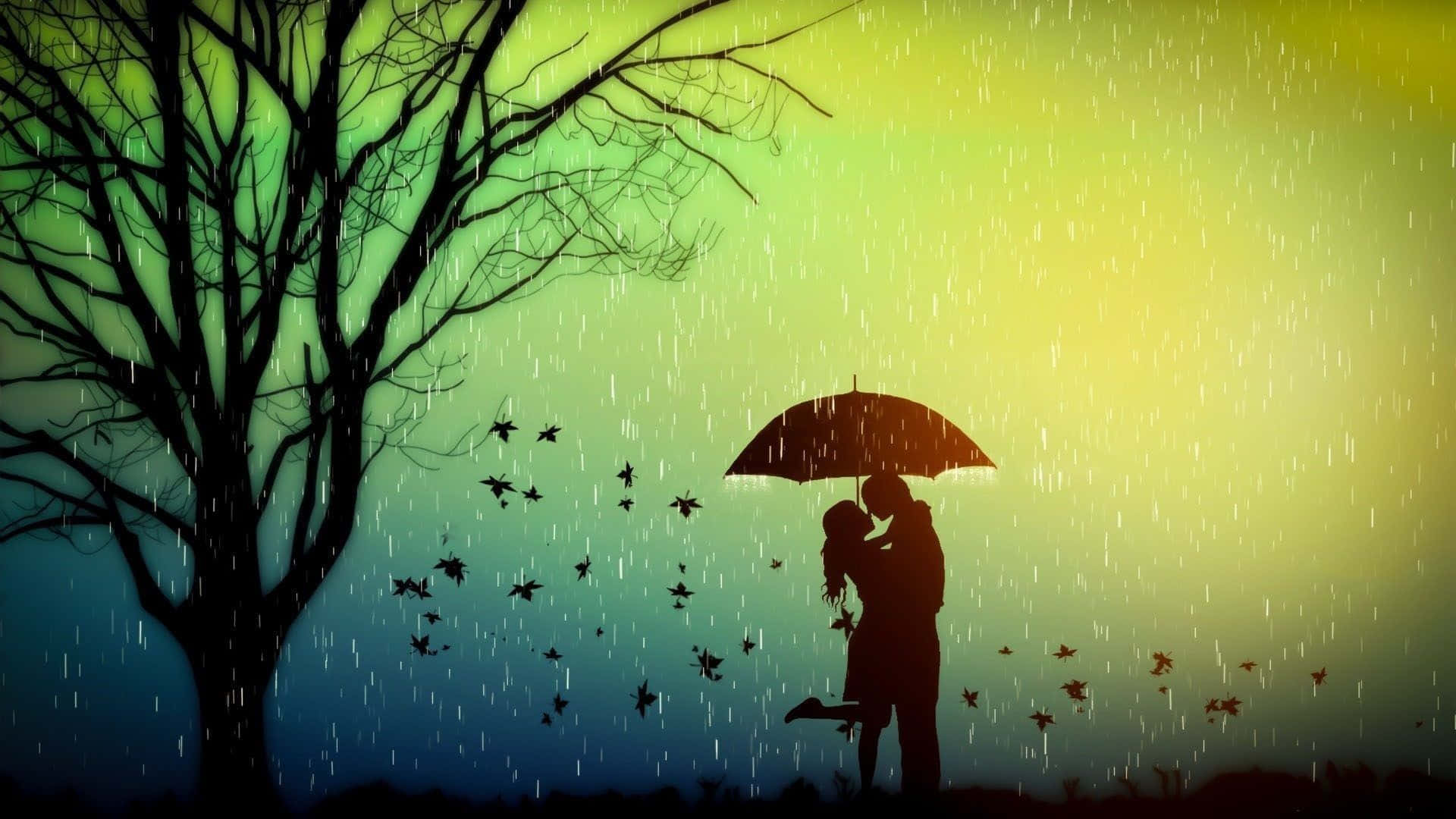 A romantic ambience filled with intimate love moments as a couple enjoys the rain together.