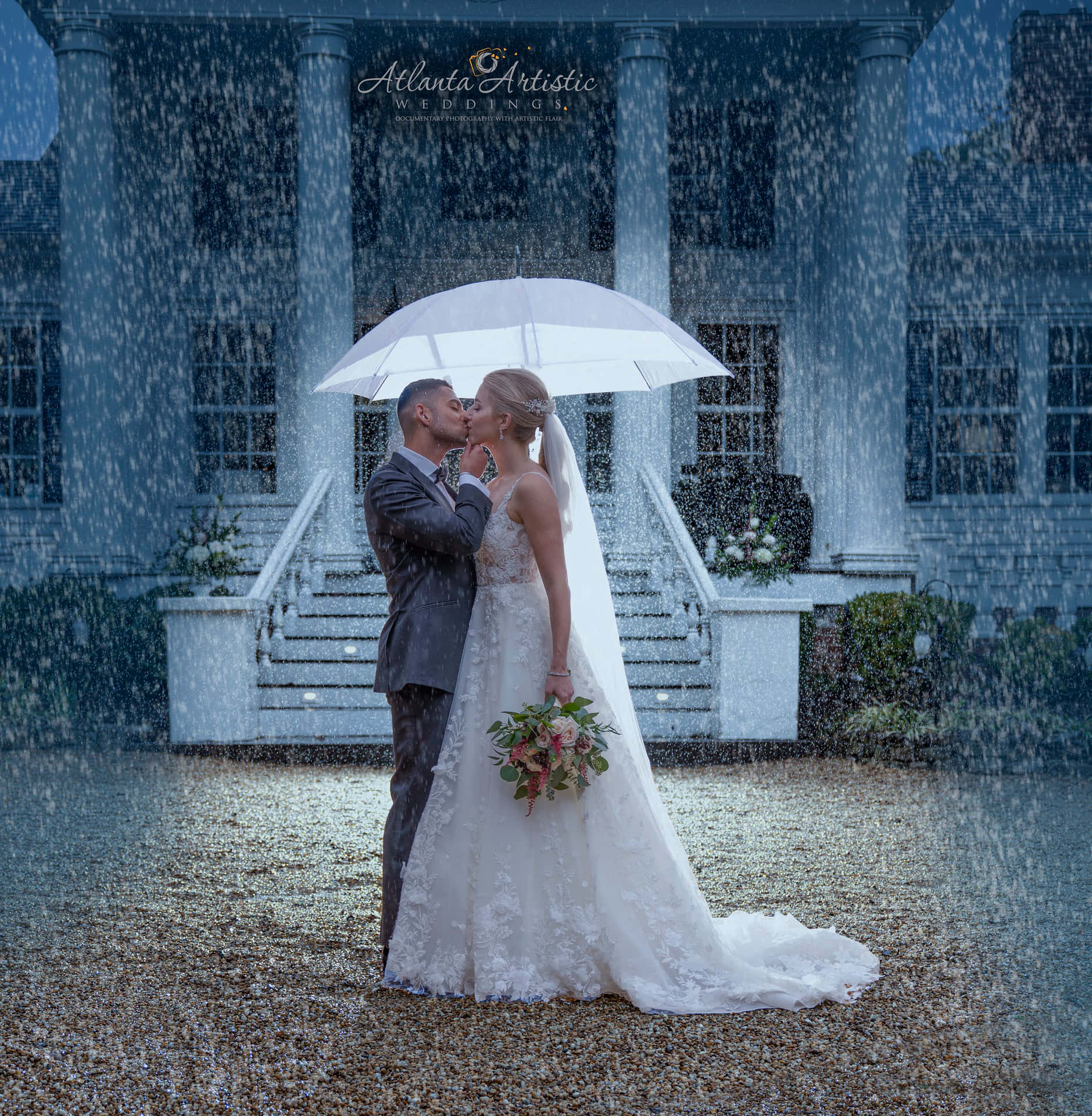 A romantic couple walking in the rain