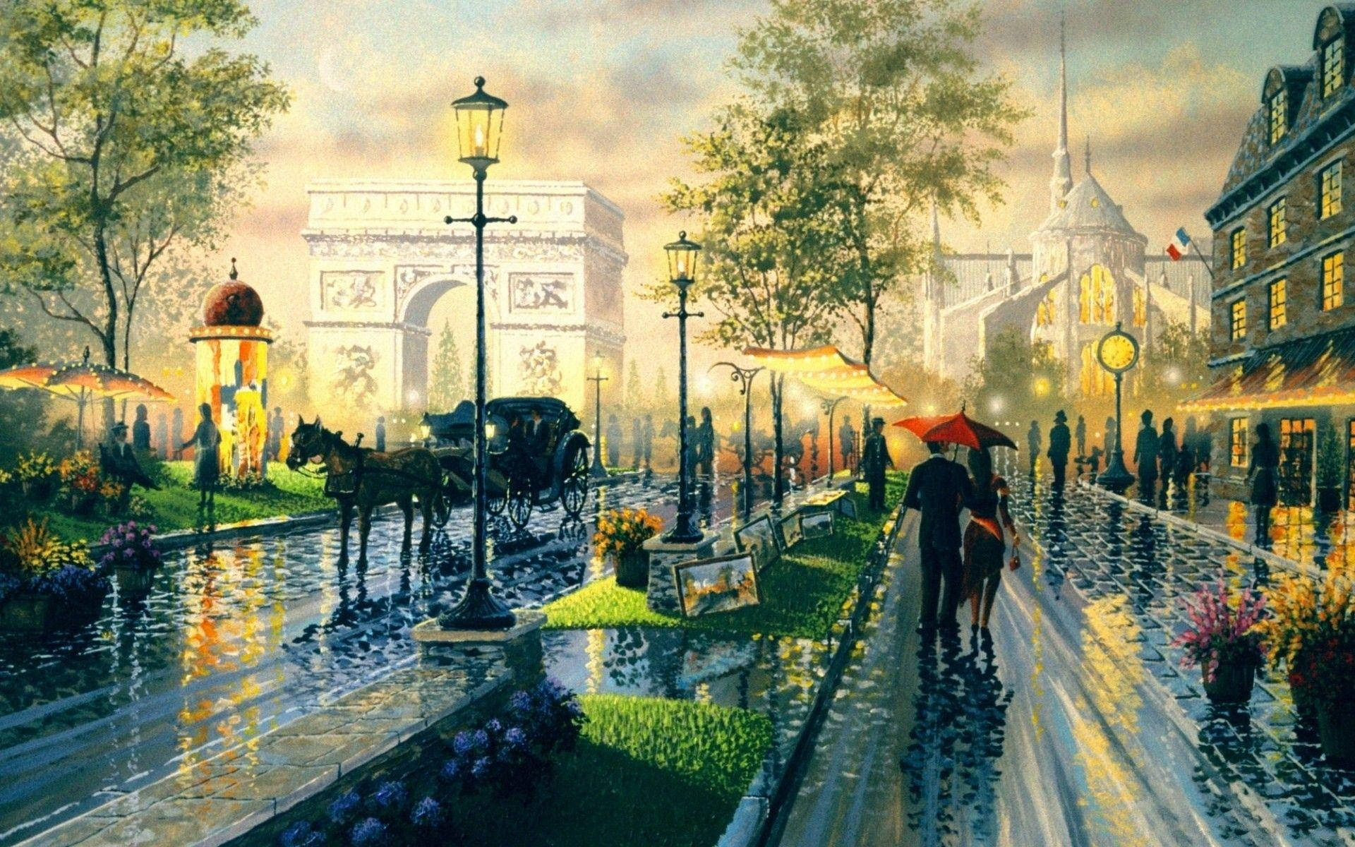 Couple In Rainy City Painting Desktop Wallpaper