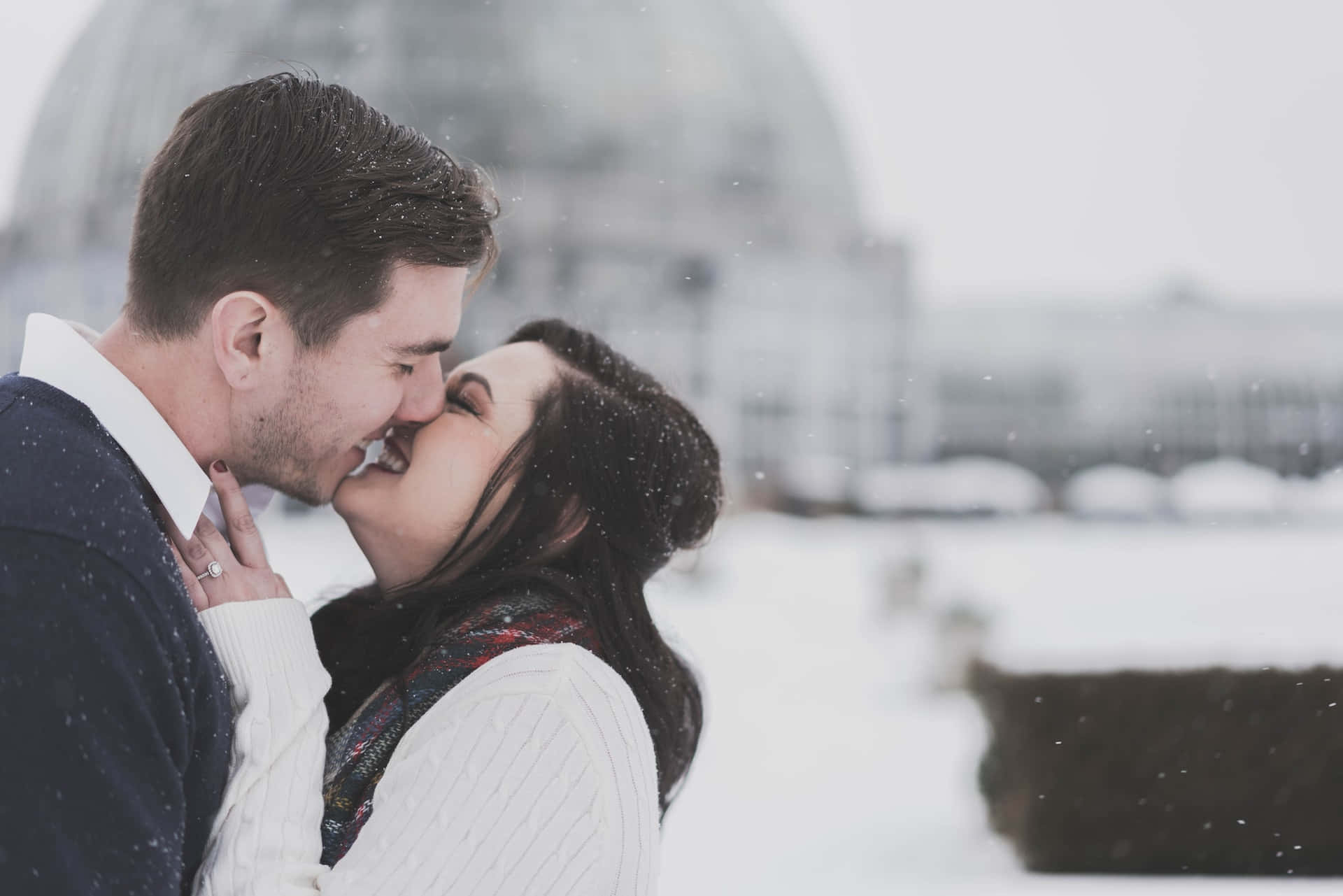 Couple Kissing Lips On Snow Wallpaper