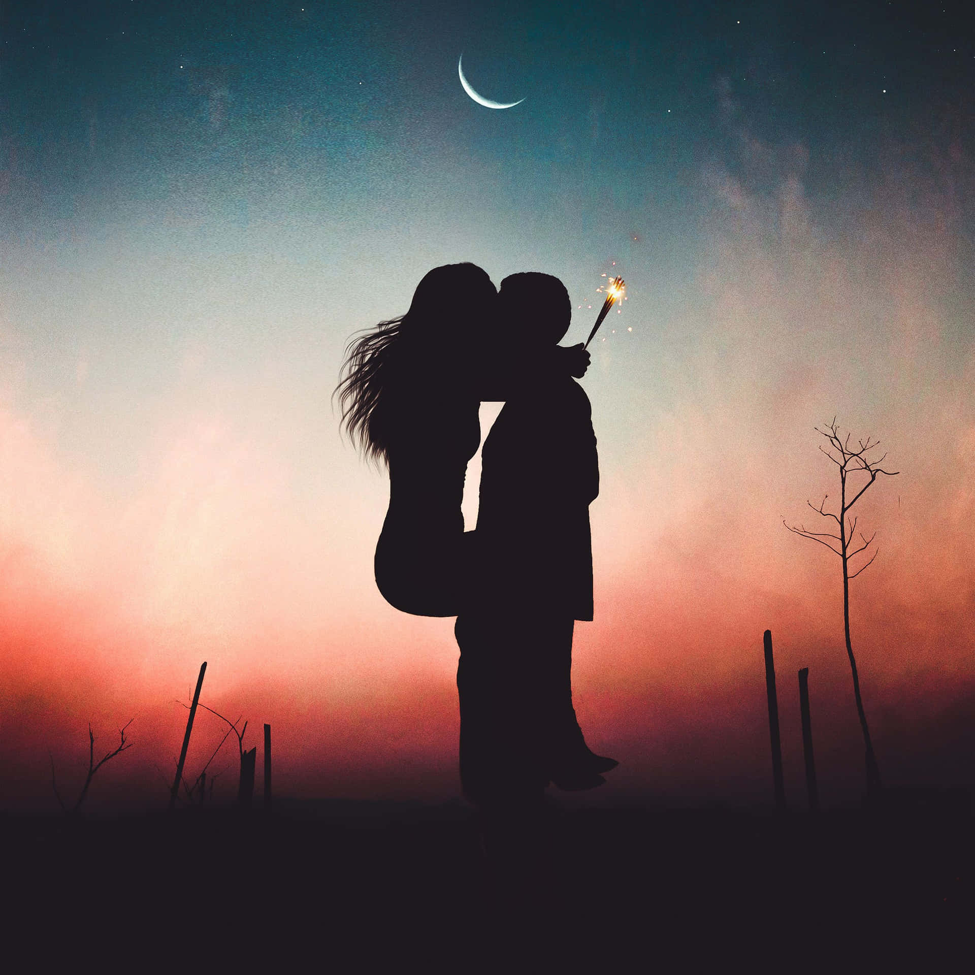 Couple Kissing Lips Under The Moon Wallpaper