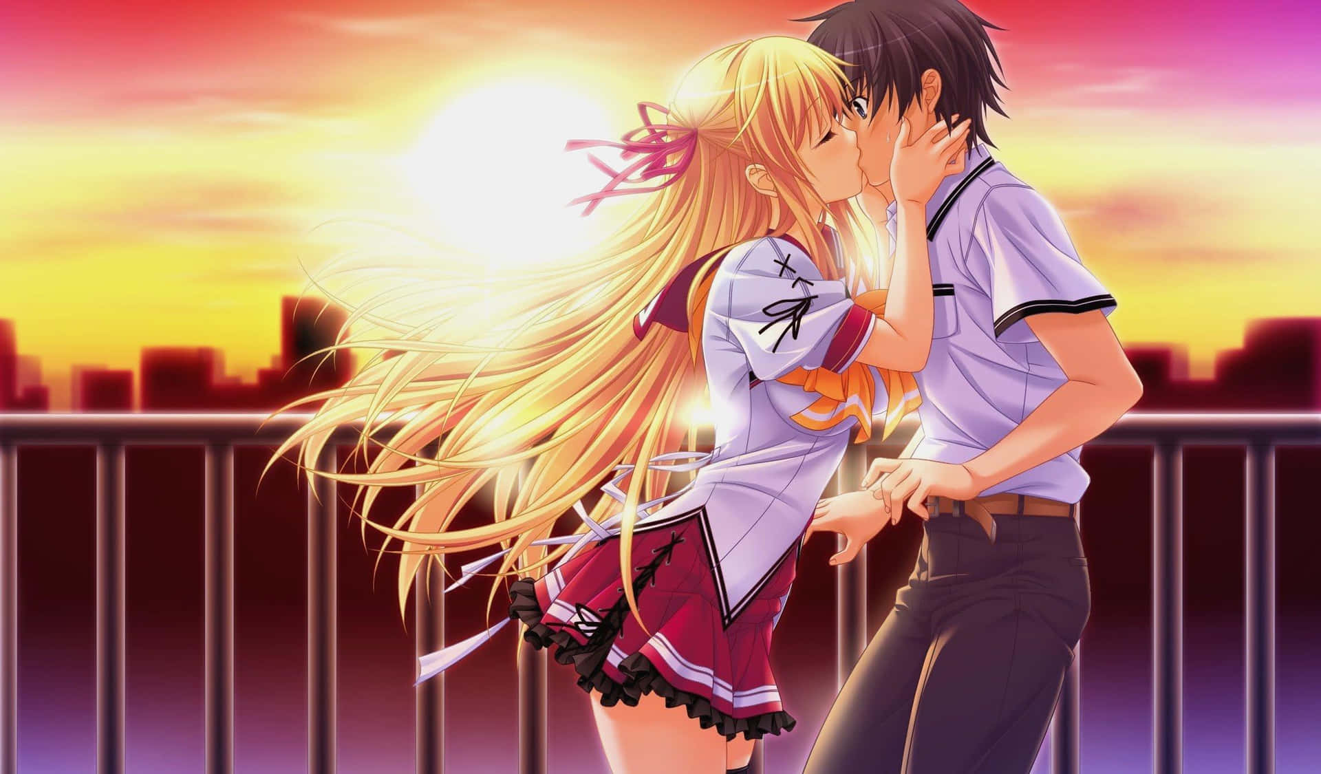Anime Couple Kissing On The Bridge Picture