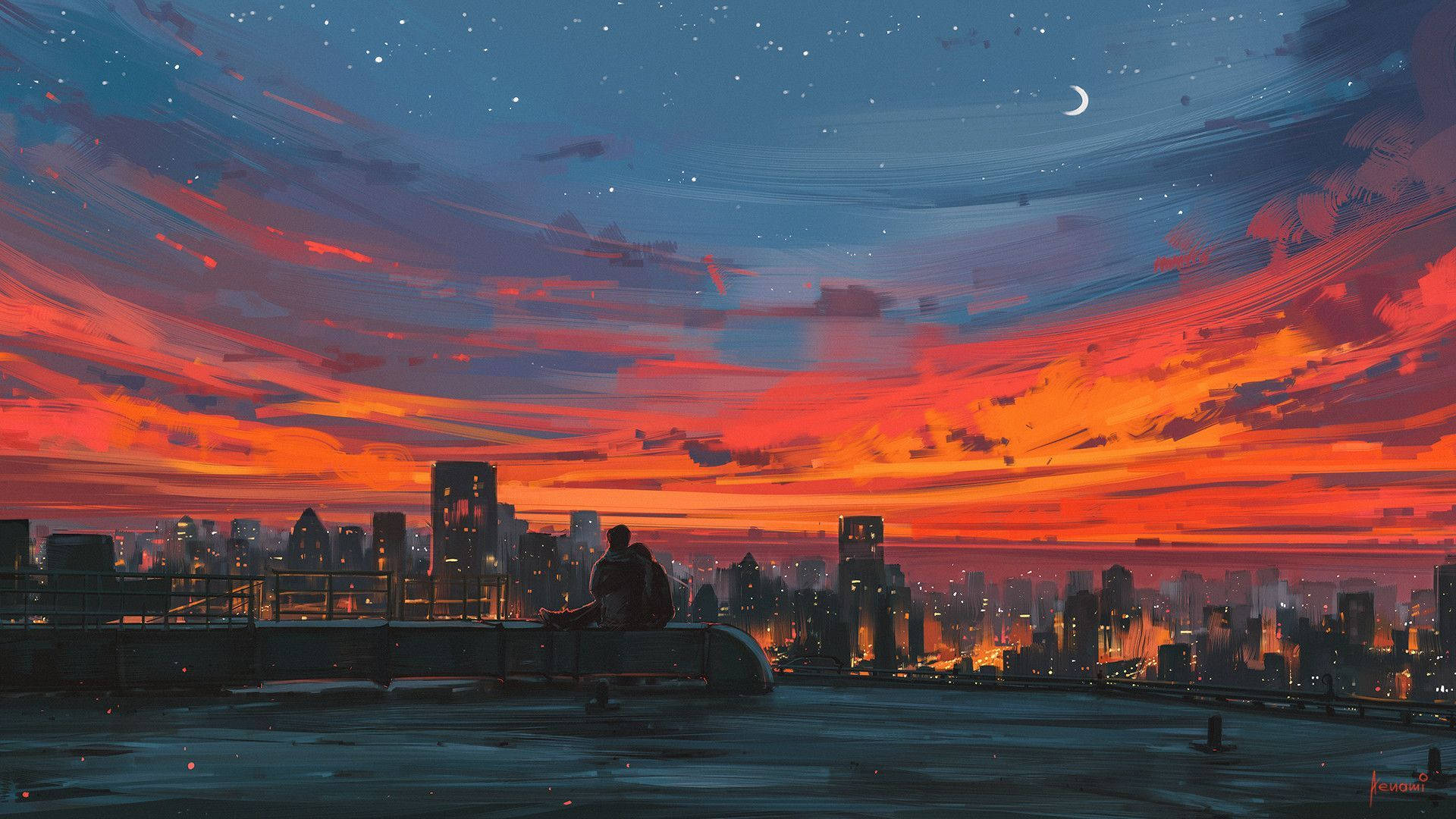 Couple On Rooftop Anime Aesthetic Sunset Background