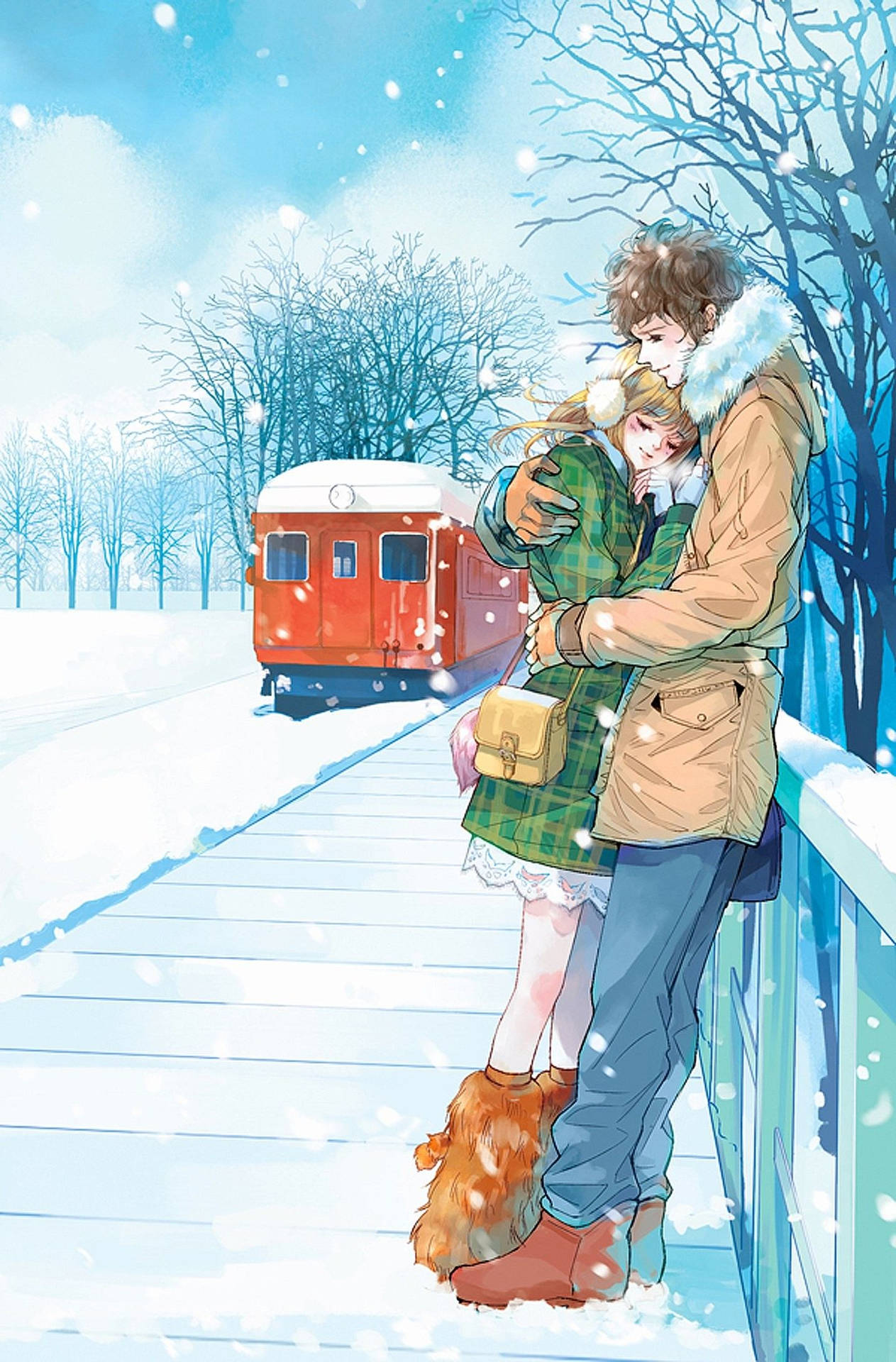 Paarauf Schneebedeckter Plattform Lieben Anime Wallpaper