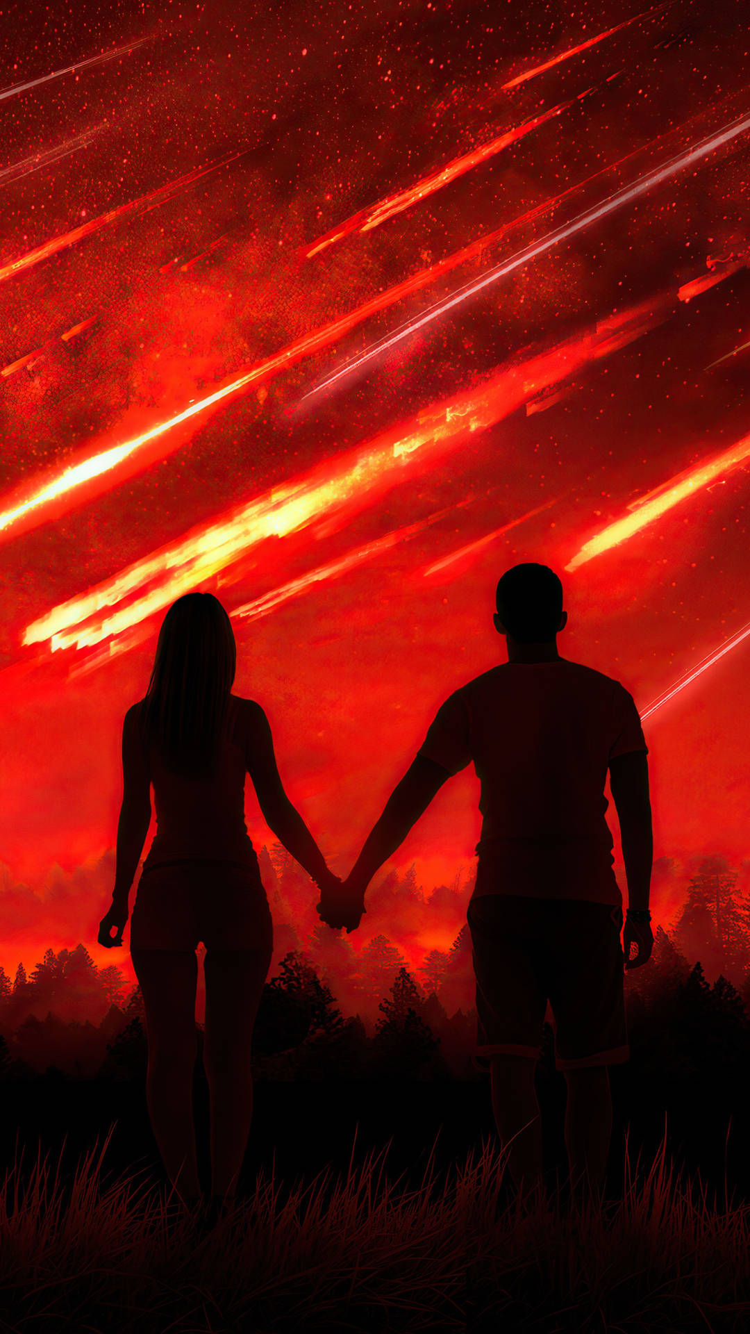Couple Silhouette Holding Hands Red Meteor Sky Wallpaper