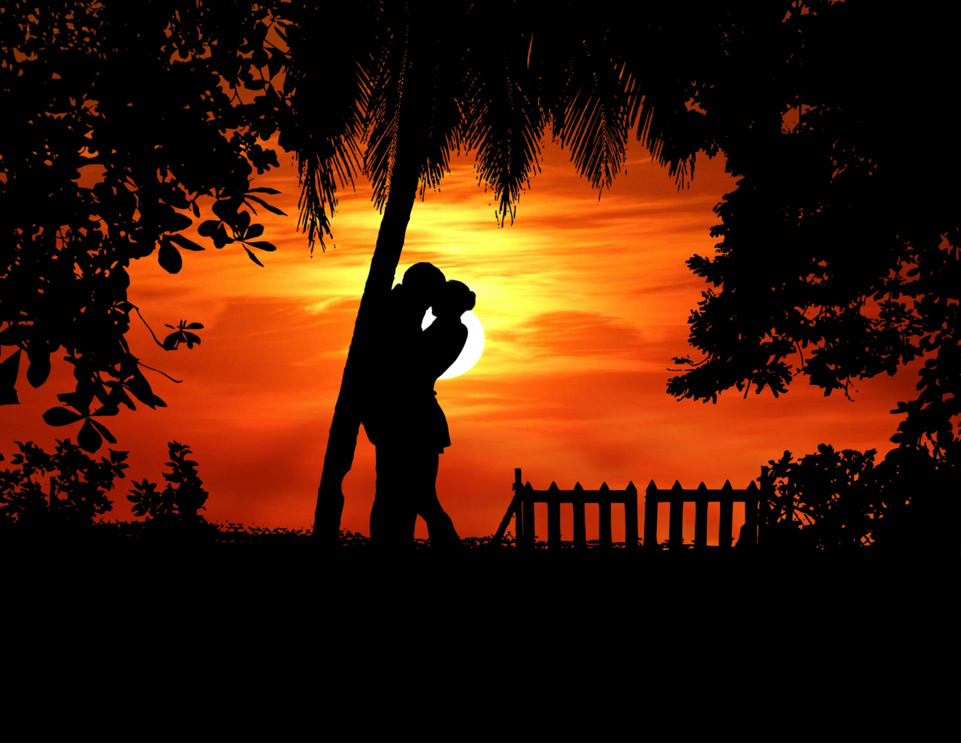 Couple Silhouette In Golden Time Wallpaper