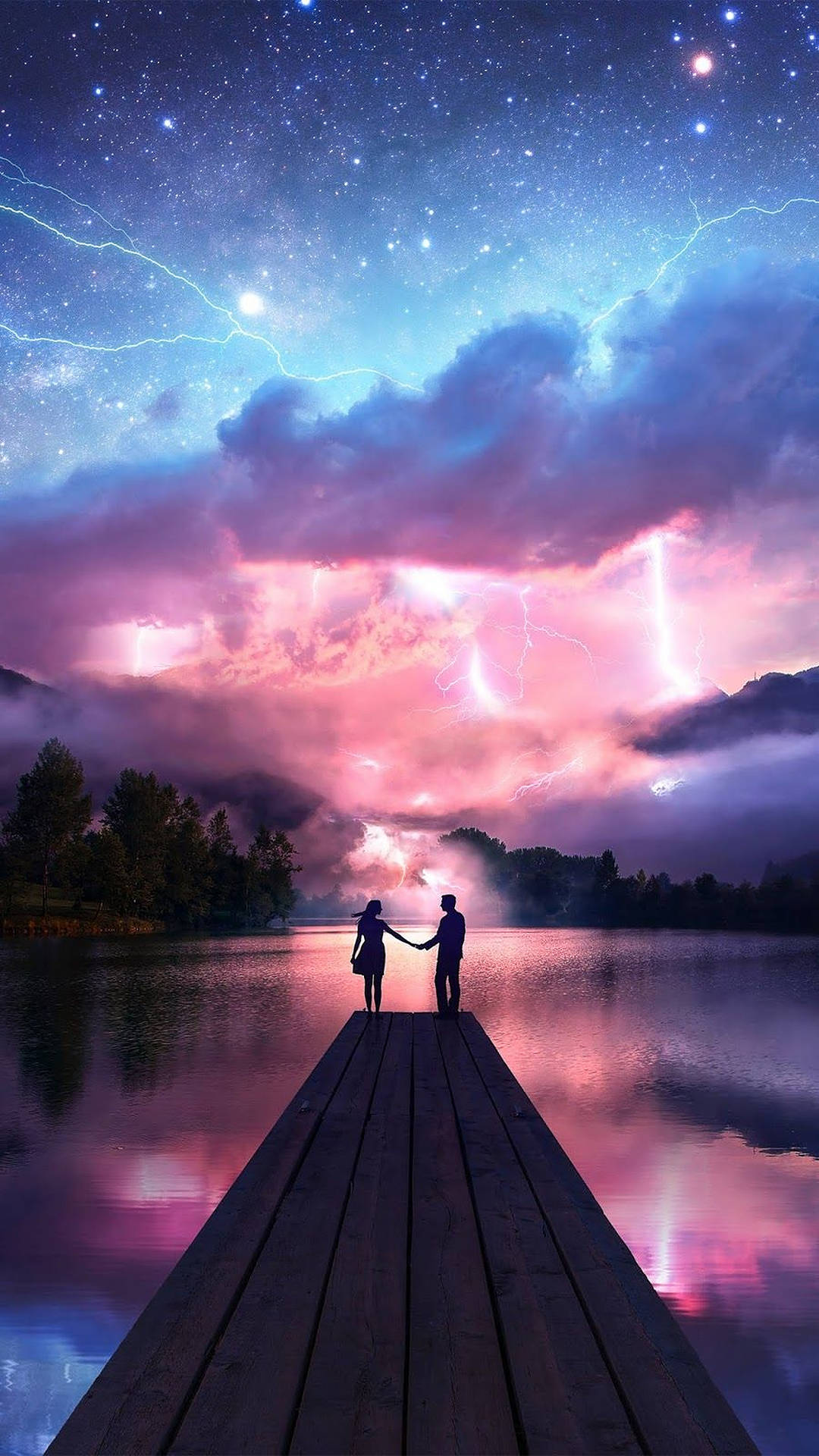 Couple Silhouette In Stormy Weather Wallpaper