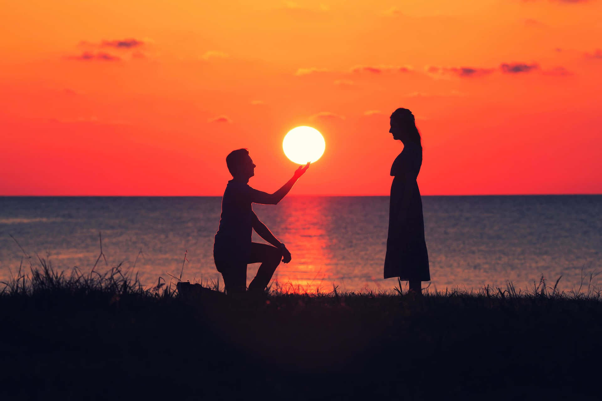 Par Sunset På Græs Med Ocean View Billede