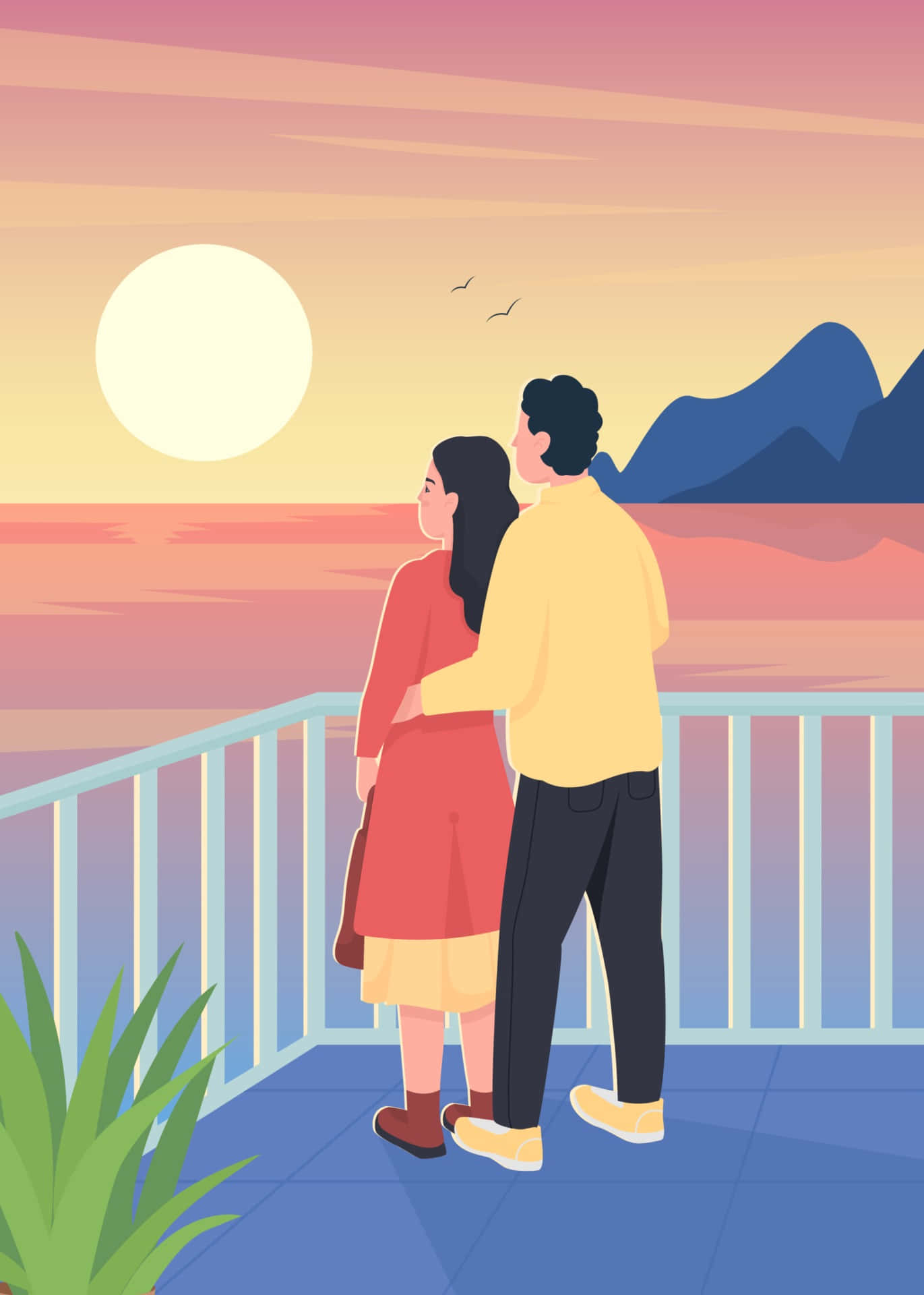 Paarbildervon Sonnenuntergang Und Cartoonfiguren Auf Dem Balkon