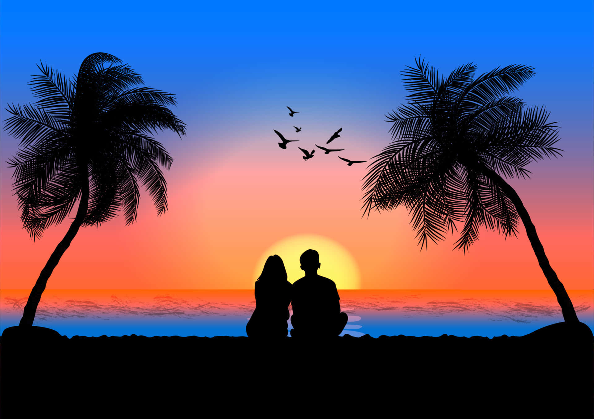 Bildeines Paares Bei Sonnenuntergang Mit Palmen Am Strand Und Vögeln.