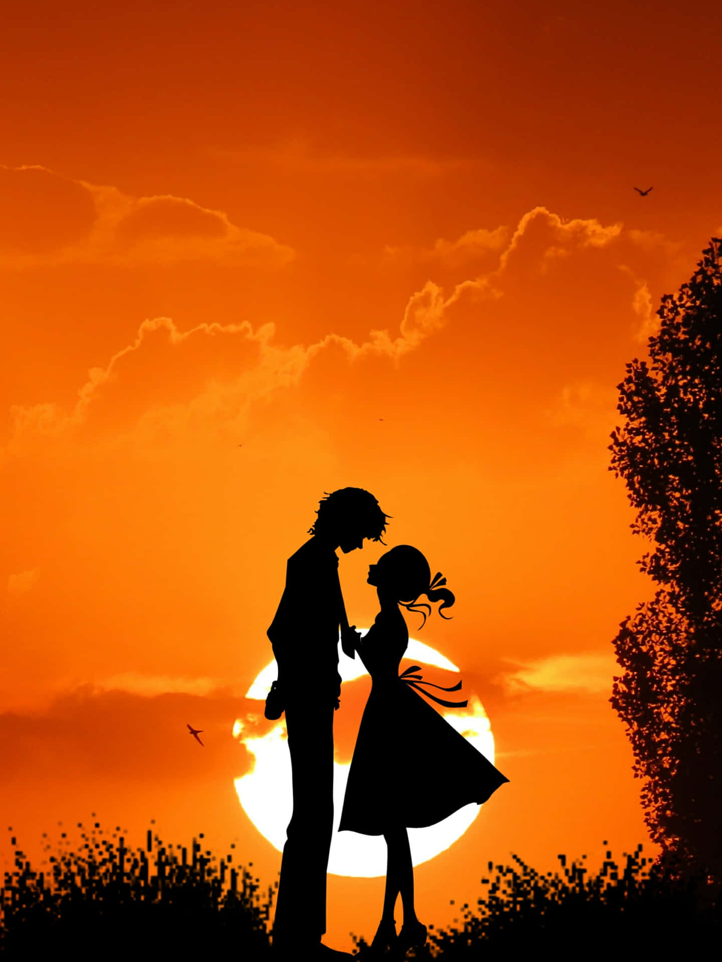 [translation: Picture Of A Couple Silhouette At Sunset On A Grassy Field.]