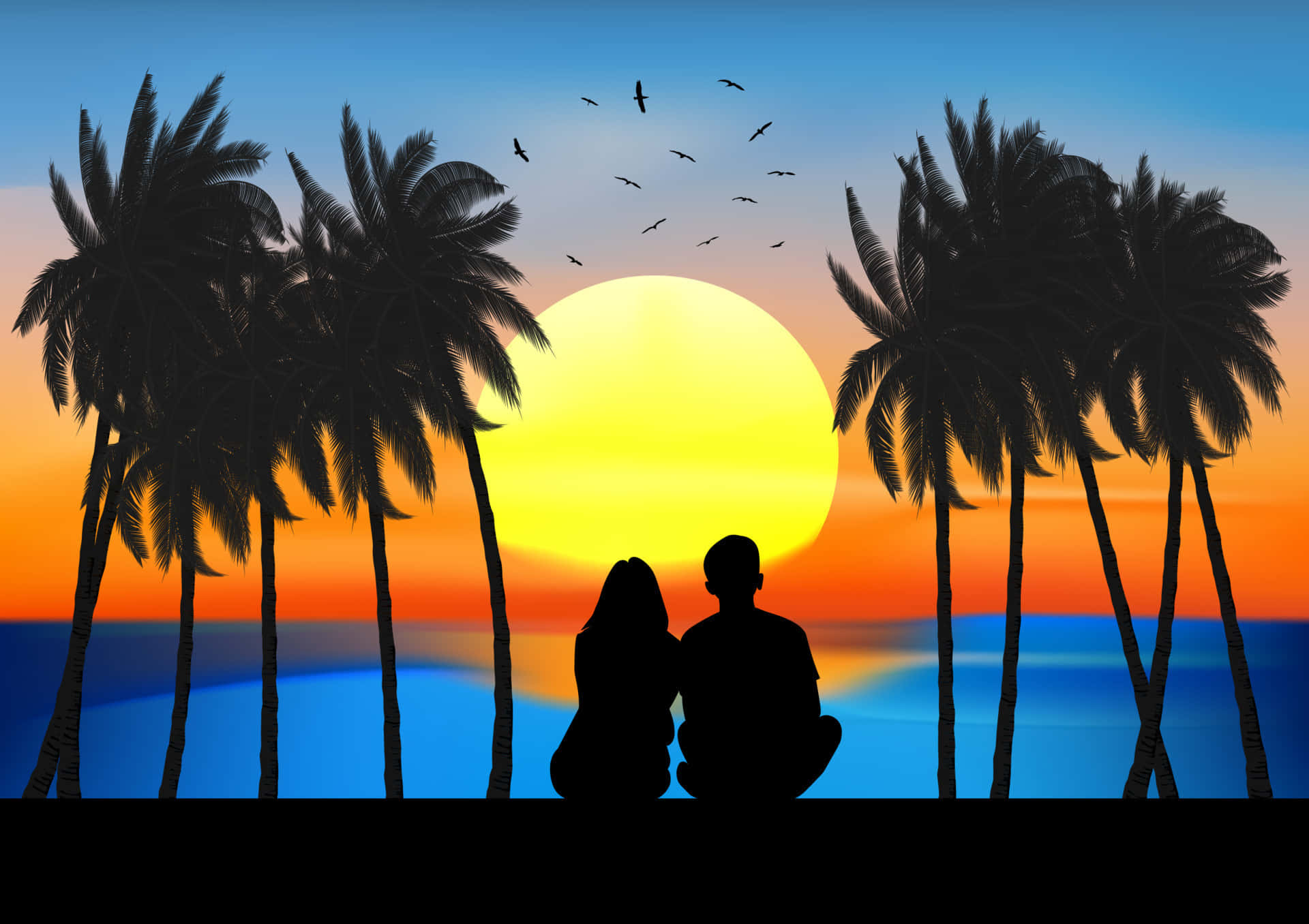 Par Silhuet Solnedgang Med Palme Træer Ved Stranden Billede Tapet
