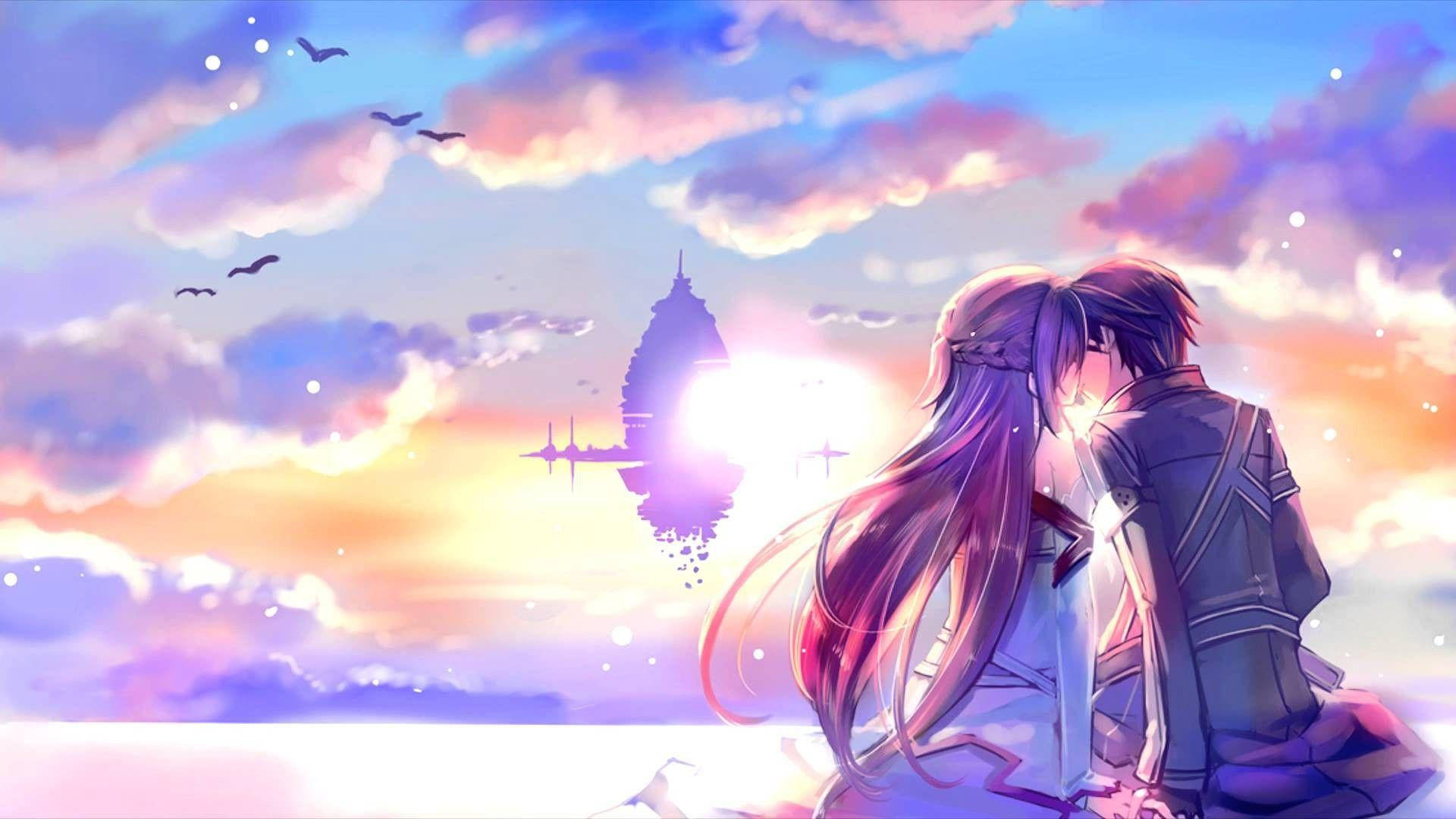 Couple With Purple Sky Love Anime Wallpaper