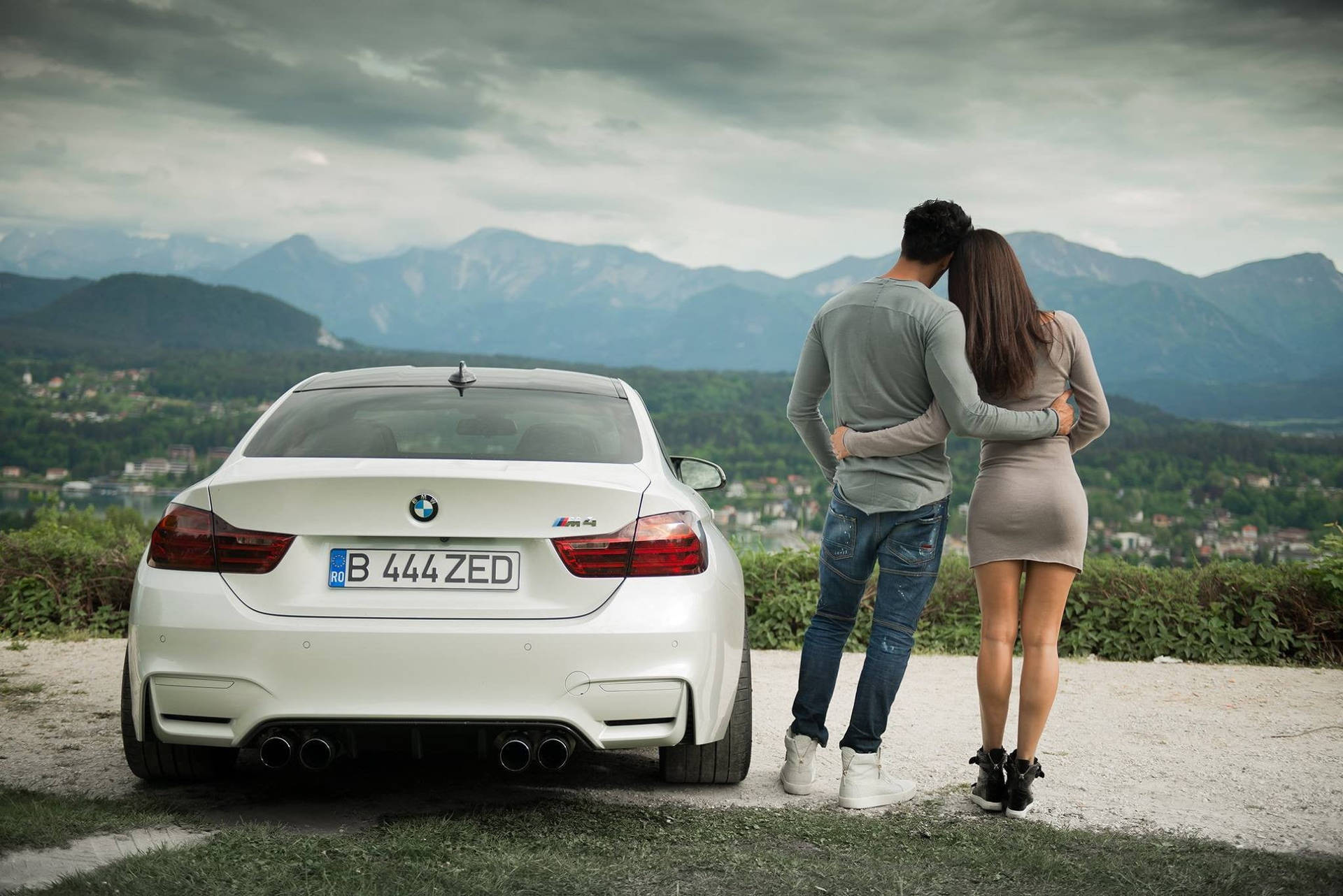 Couple With White BMW M4  Wallpaper