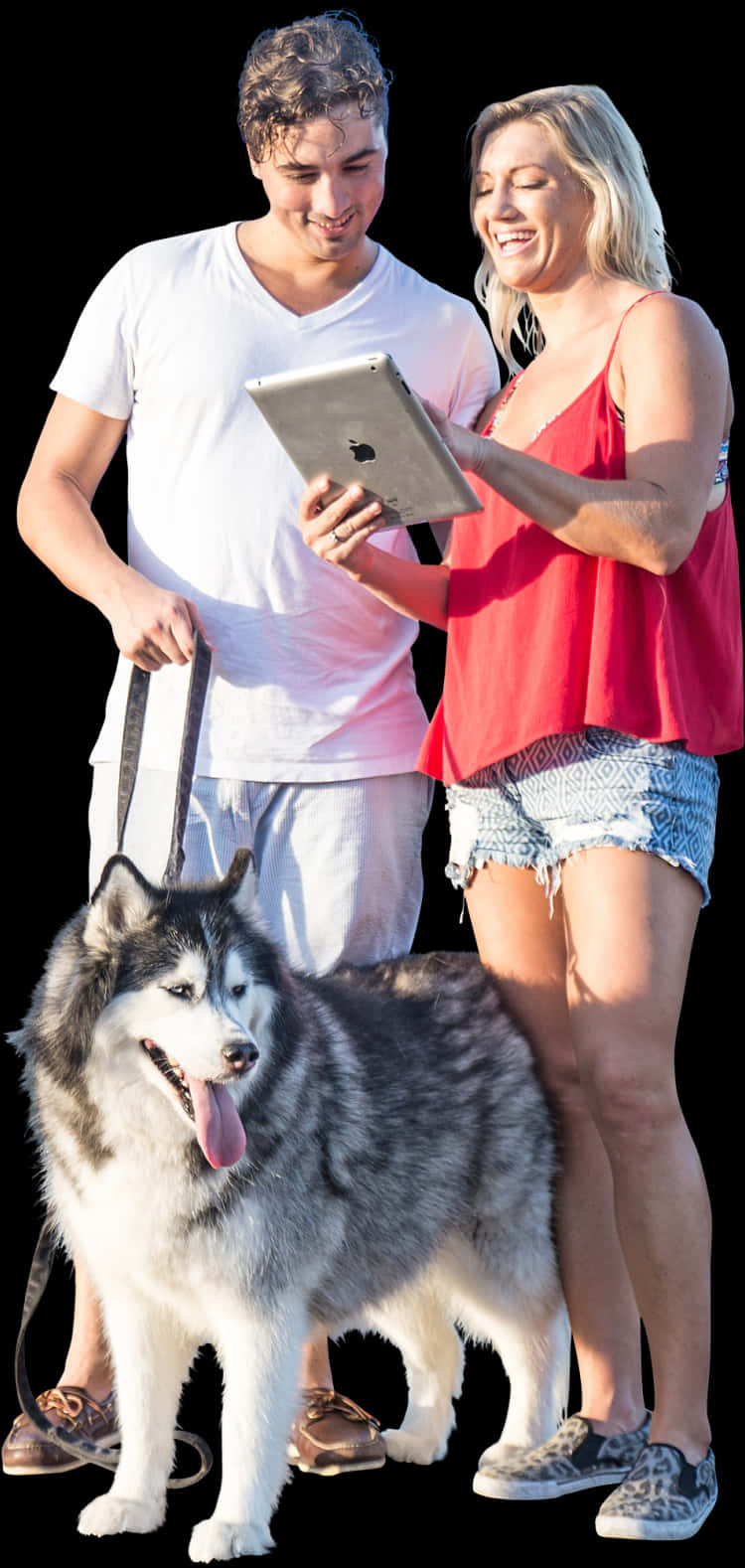 Coupleand Dog Walking With Tablet PNG