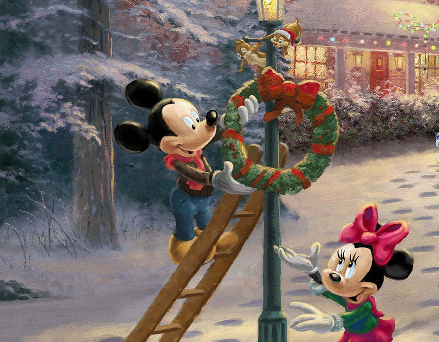 mickey mouse and minnie mouse decorating a christmas tree