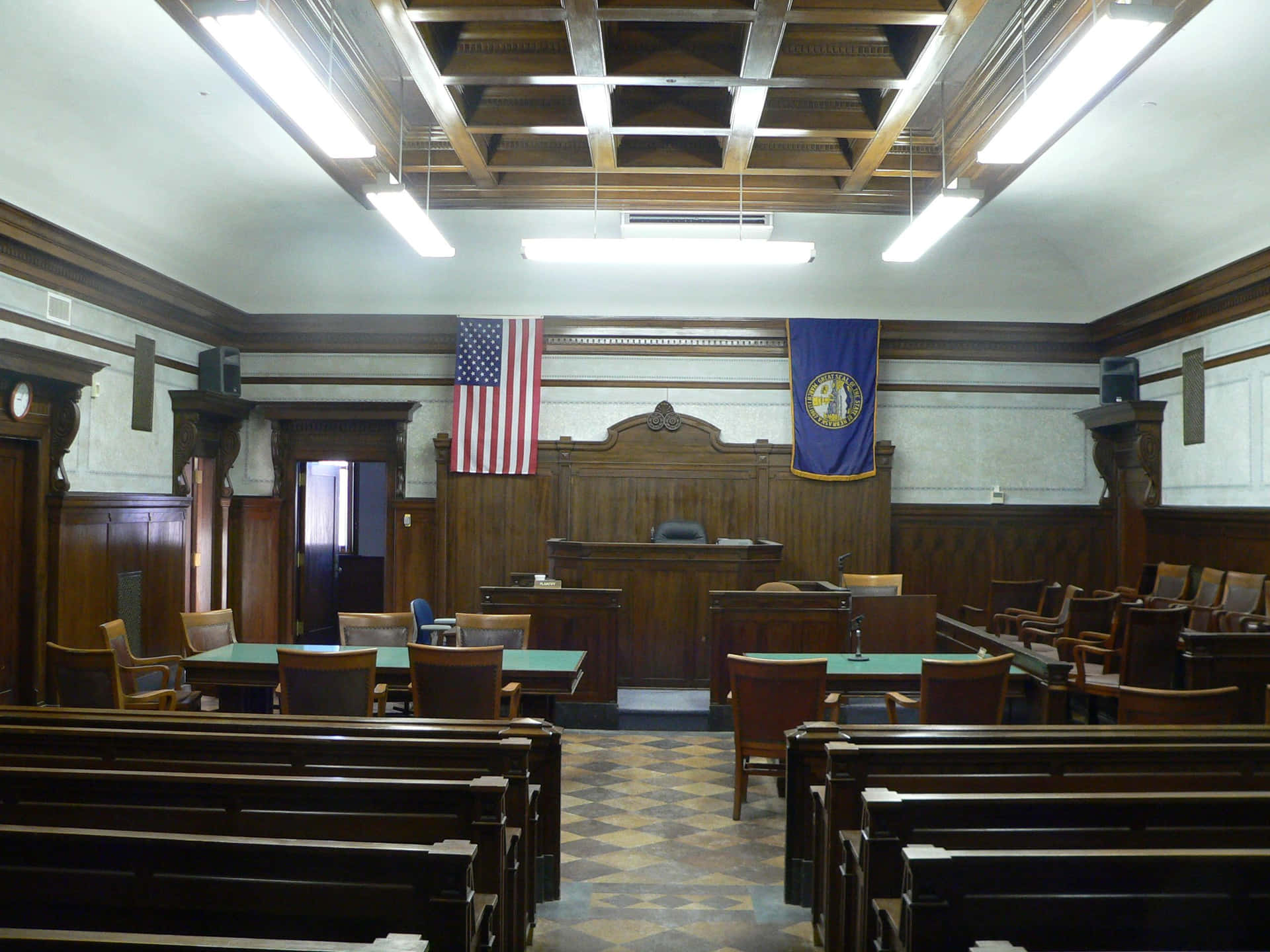 A Courtroom With Wooden Benches