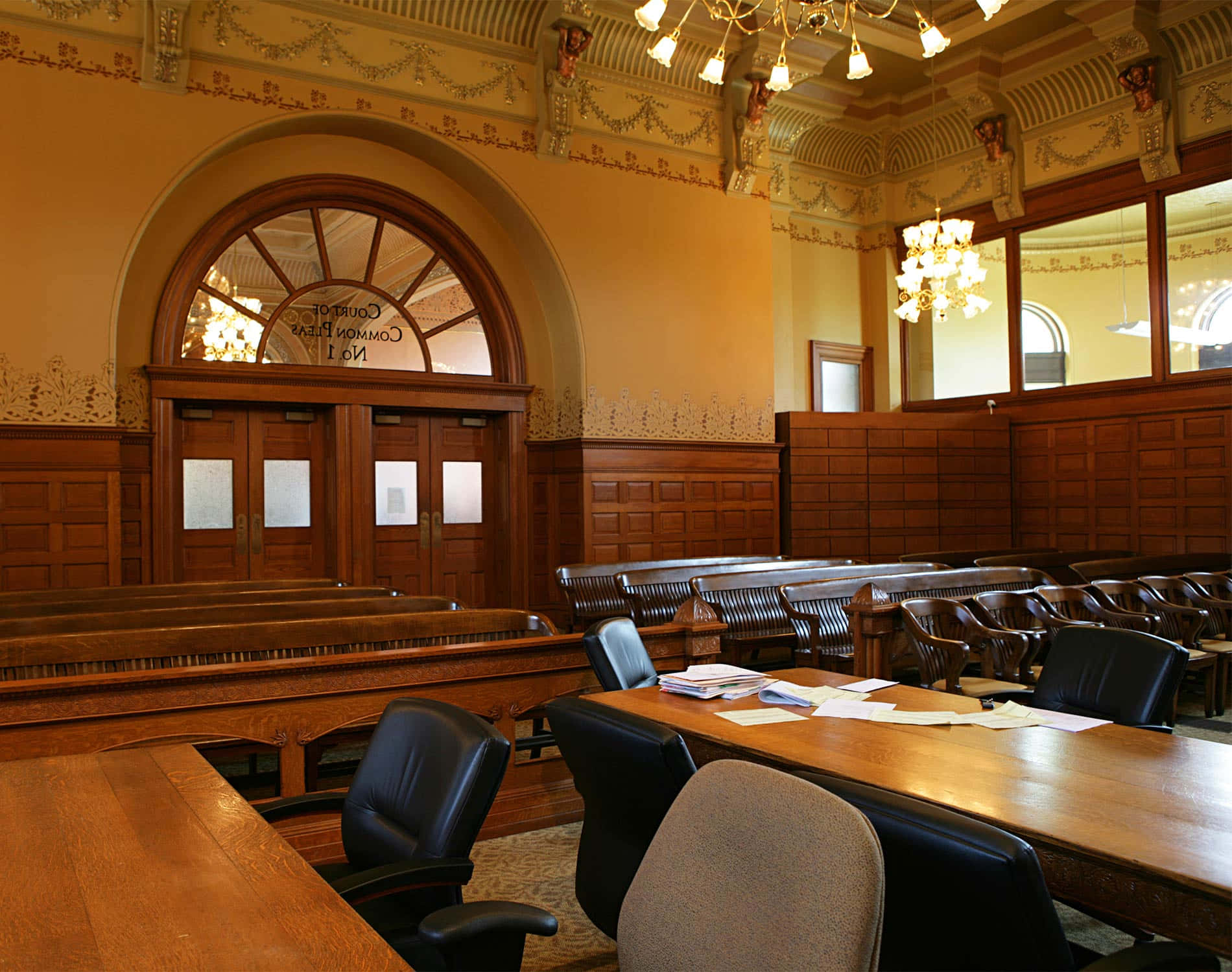 Wooden Tables In Courtroom Background