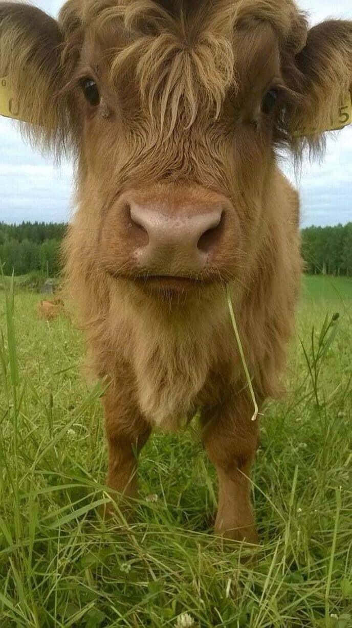 "A contented cow enjoying a field of lush green grass."