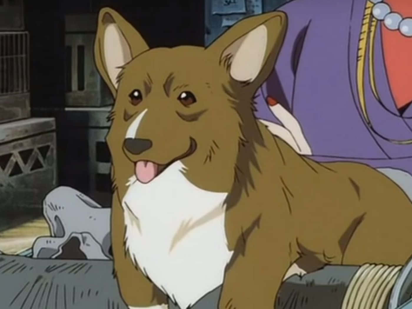 Ein, the intelligent Corgi from Cowboy Bebop, posing with a Bebop spaceship background Wallpaper