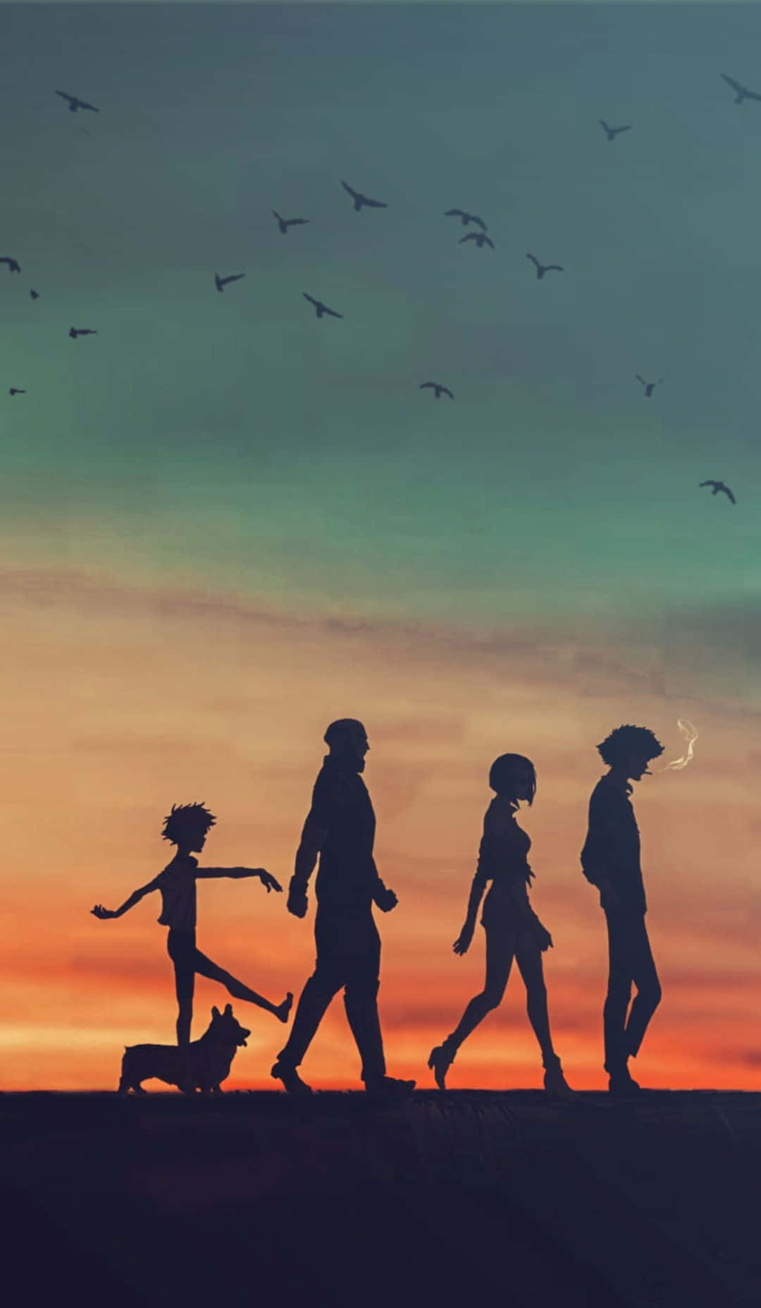 Silhouettes Of People Walking In The Sunset Wallpaper