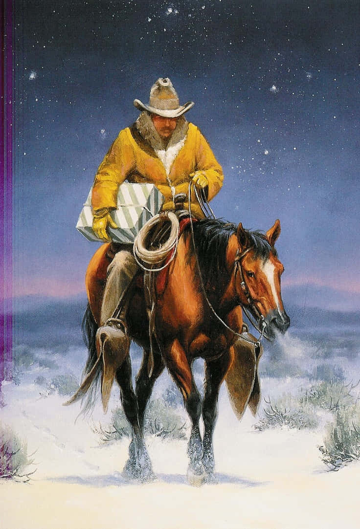 A Painting Of A Cowboy Riding A Horse In The Snow Wallpaper
