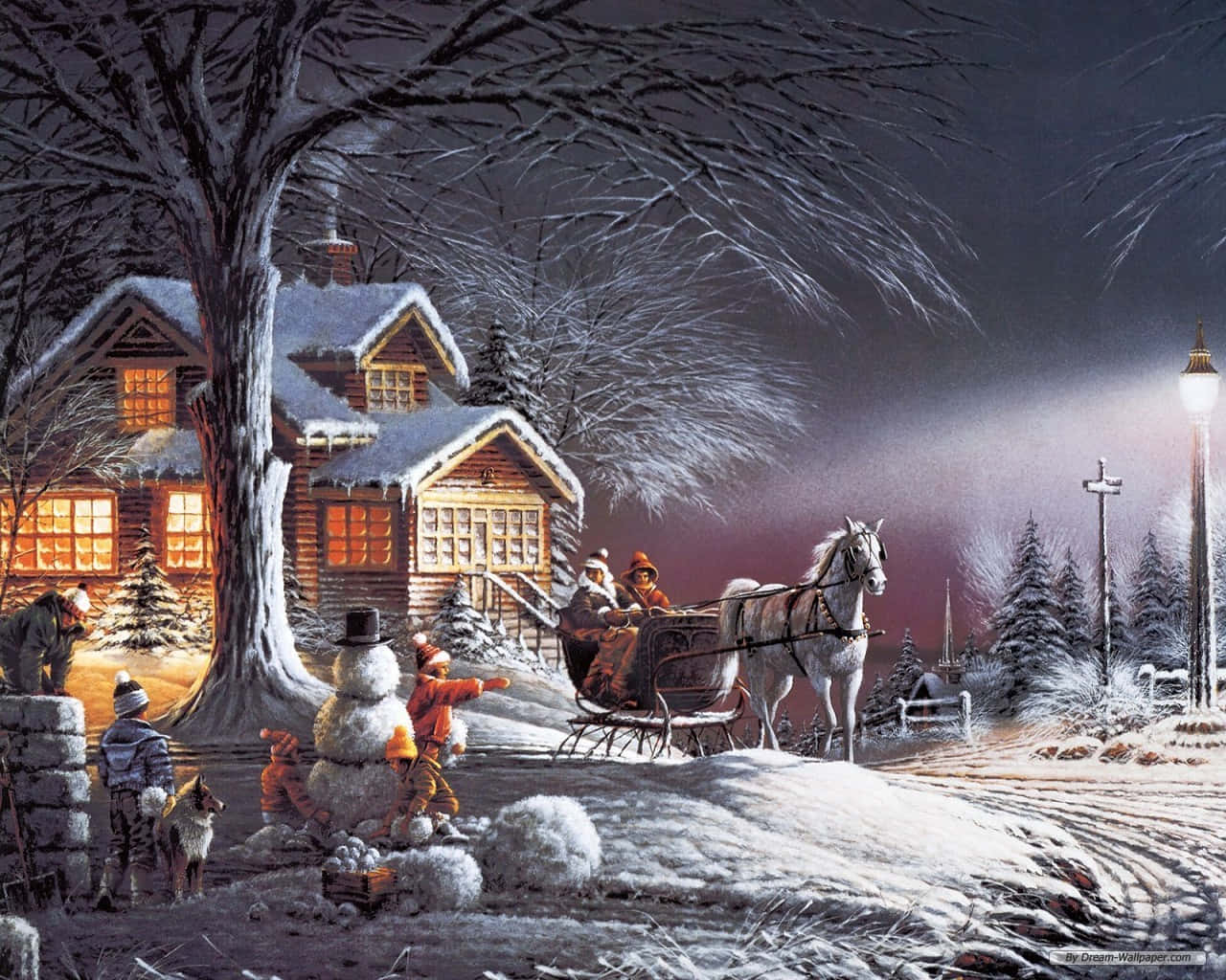 A Painting Of A Snowy Scene With People And A Carriage Wallpaper