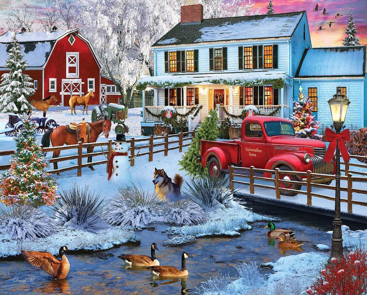 A Christmas Scene With A Red Truck And Ducks Wallpaper