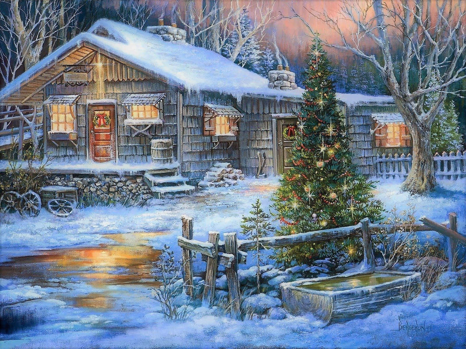 A Painting Of A Cabin In The Snow Wallpaper
