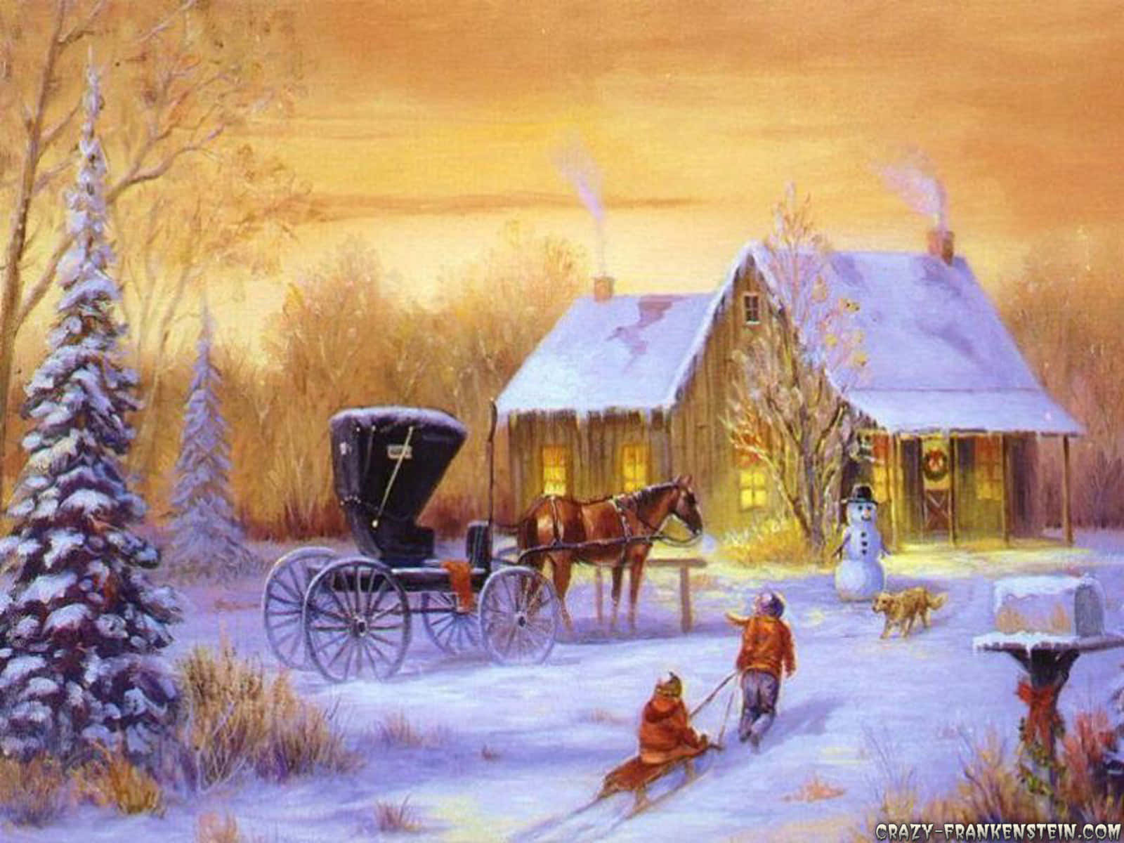 A Painting Of A Horse Drawn Carriage In Front Of A House Wallpaper