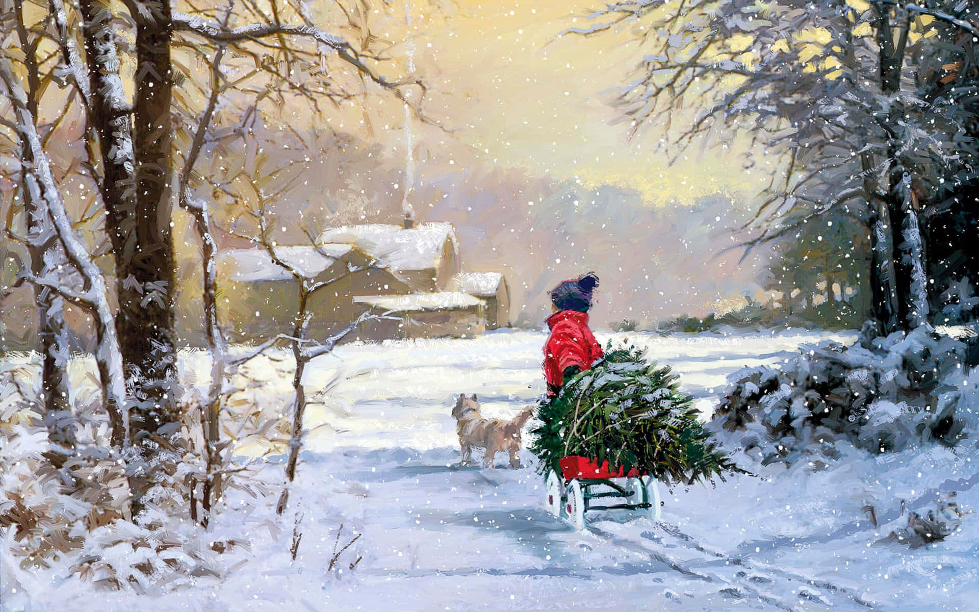 A Painting Of A Woman Walking With A Sleigh In The Snow Wallpaper