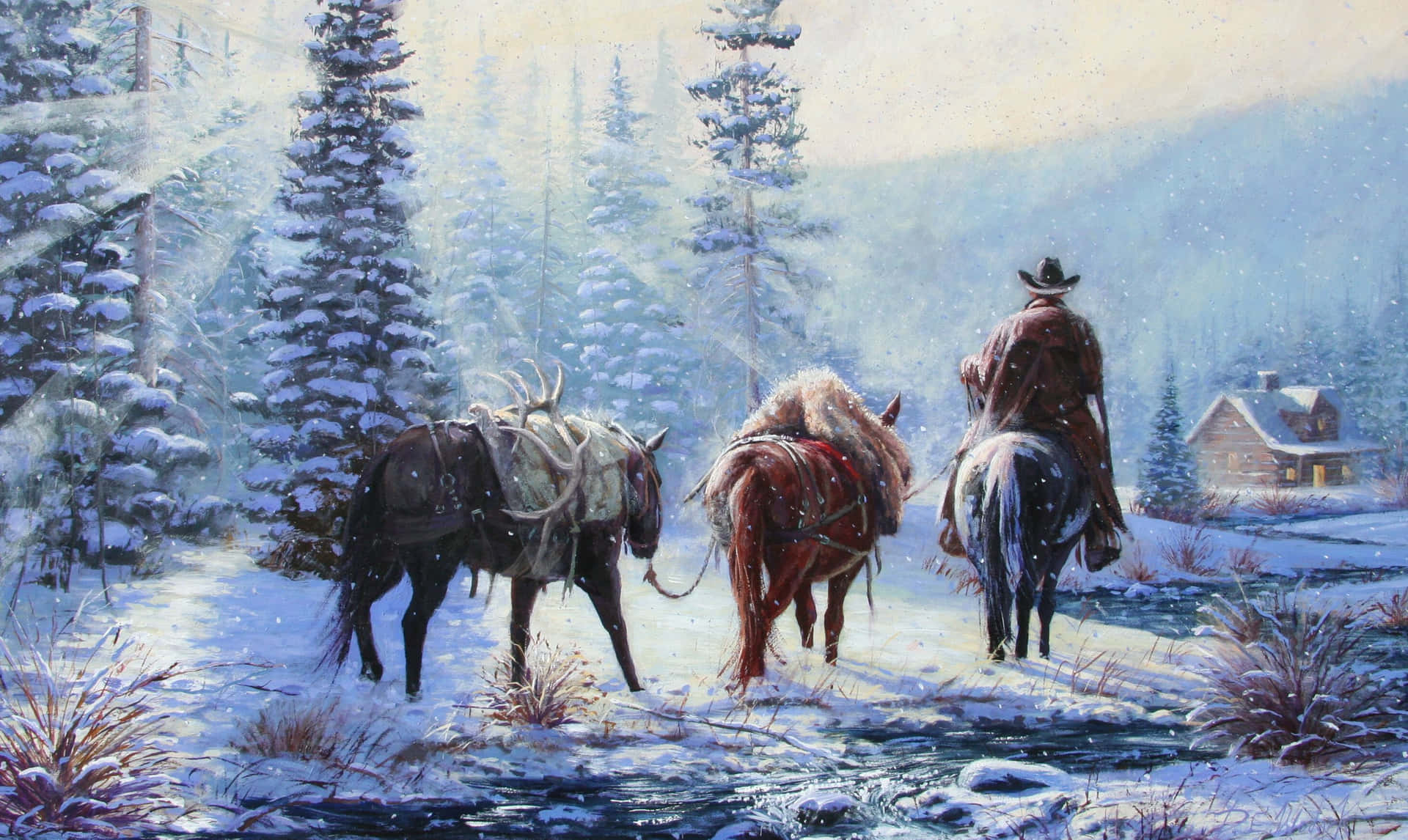 A Painting Of Two Cowboys Walking Through The Snow Wallpaper
