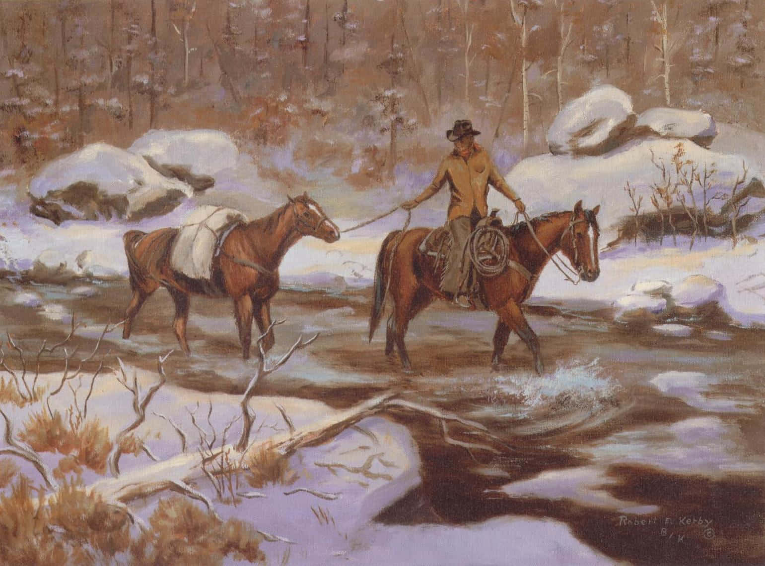 A Painting Of Two Cowboys Crossing A River Wallpaper