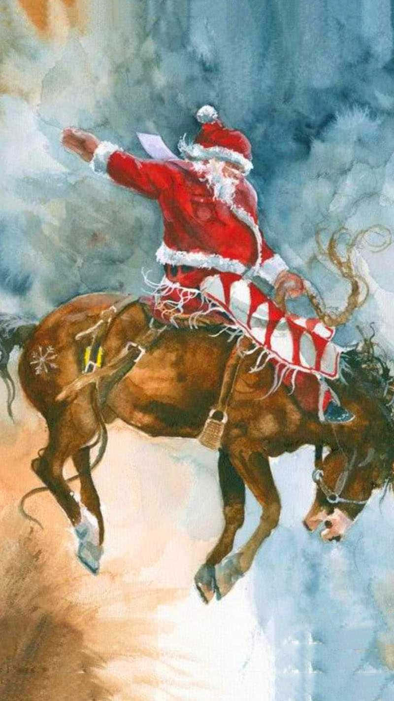 Santa Claus rider en hest i himlen Wallpaper