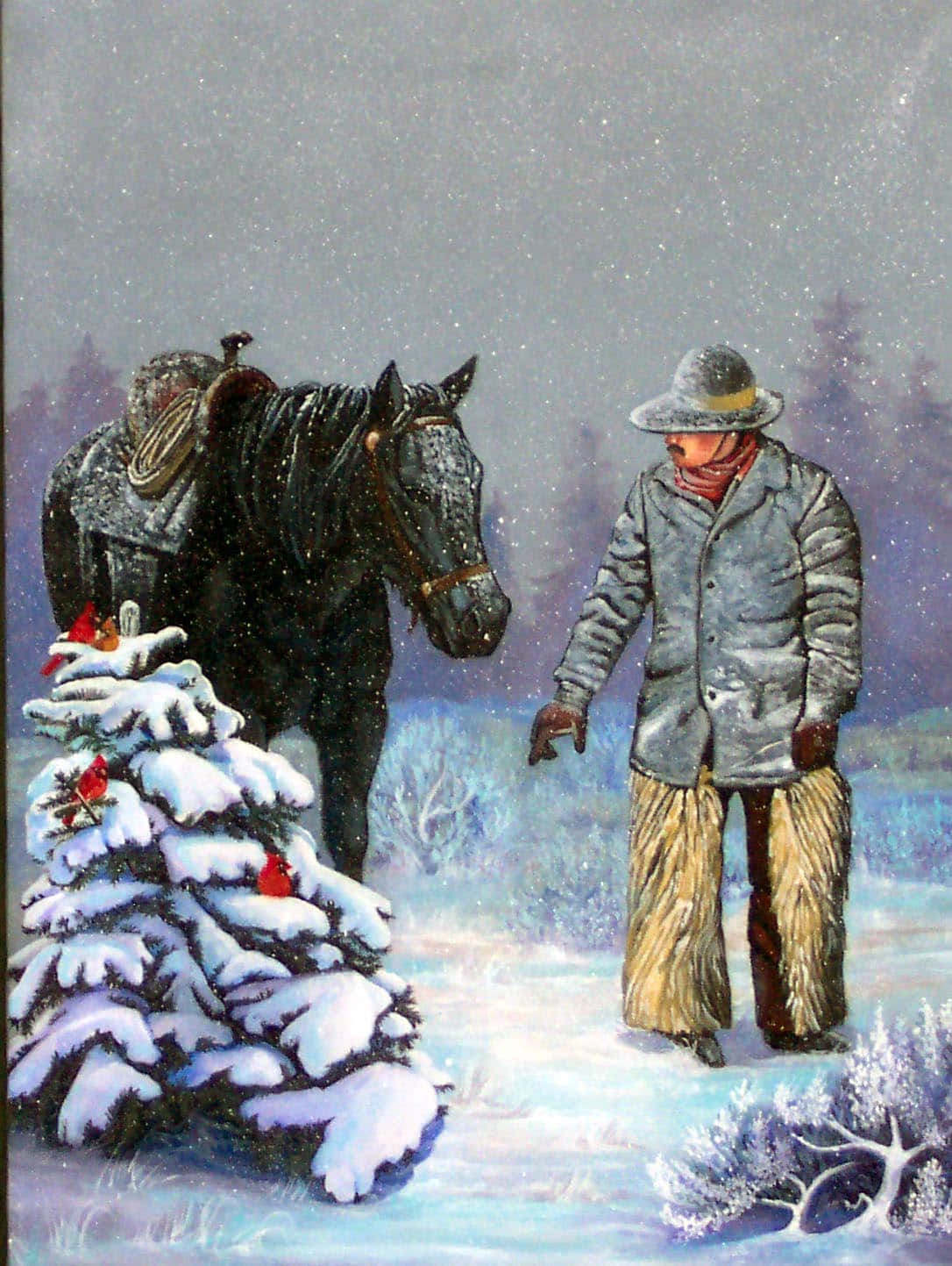 Cowboy Spending a Warm Christmas Morning at Home Wallpaper