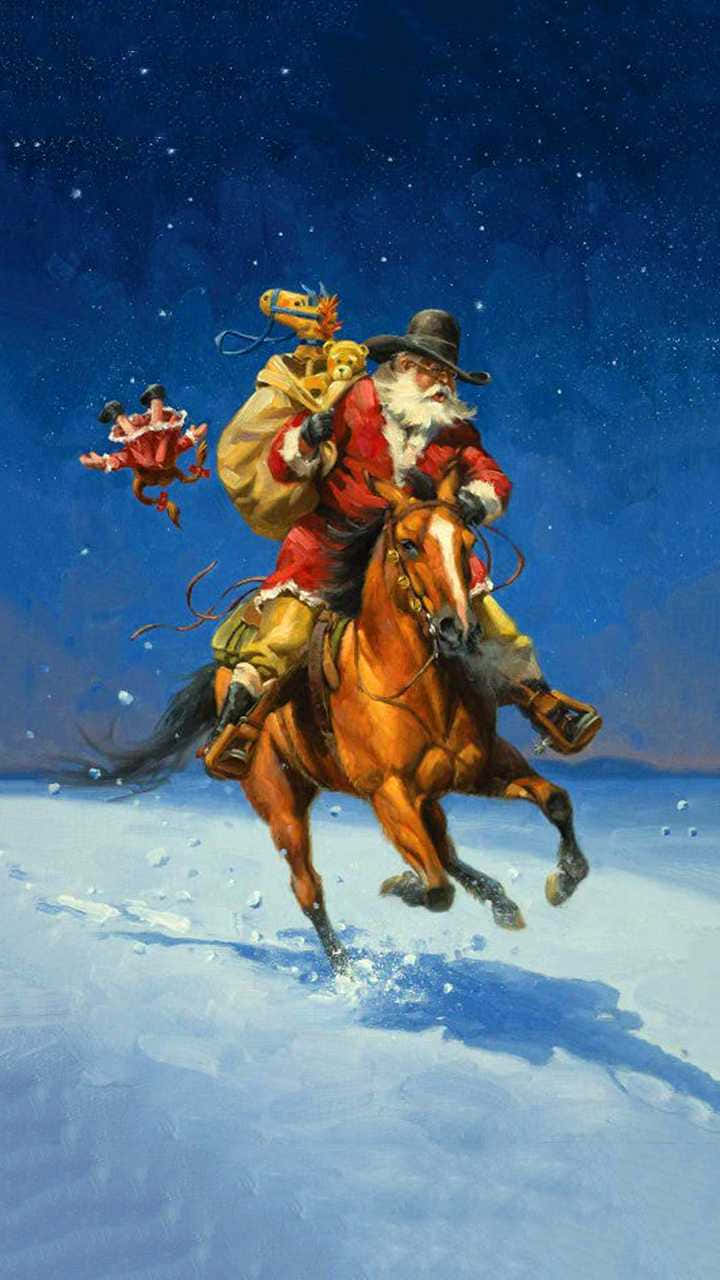 Santa Claus Riding A Horse With Gifts Wallpaper