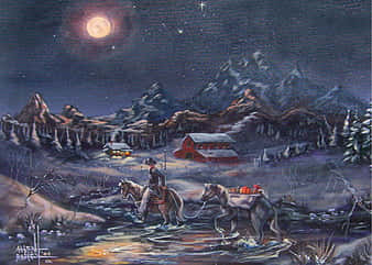 Etmaleri Af En Hest Og En Mand, Der Rider Om Natten. Wallpaper